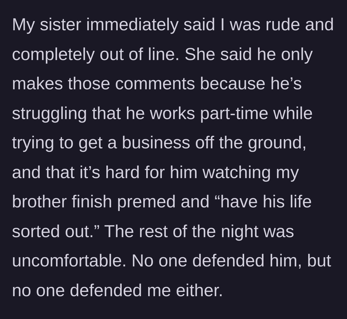 Story part 4 - The sister gets scolded by her older sister for being cruel to her struggling husband, while the rest of the family stays uncomfortably silent.