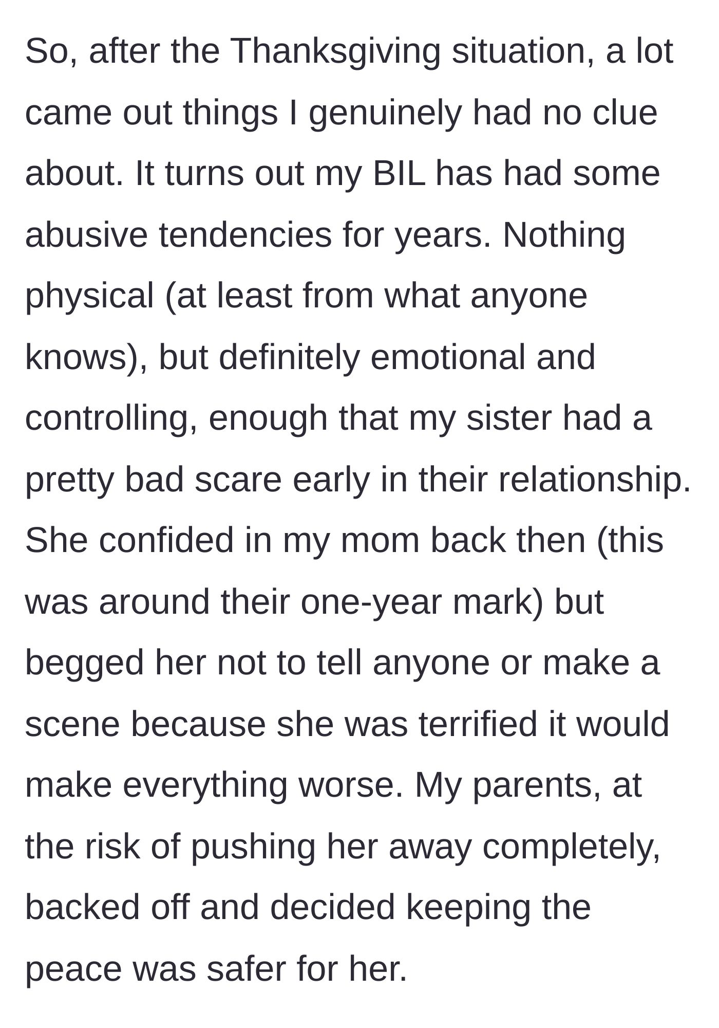 Story part 8 - The sister learns her brother-in-law has a history of emotional abuse and controlling behavior that her parents helped cover up to protect her sister.