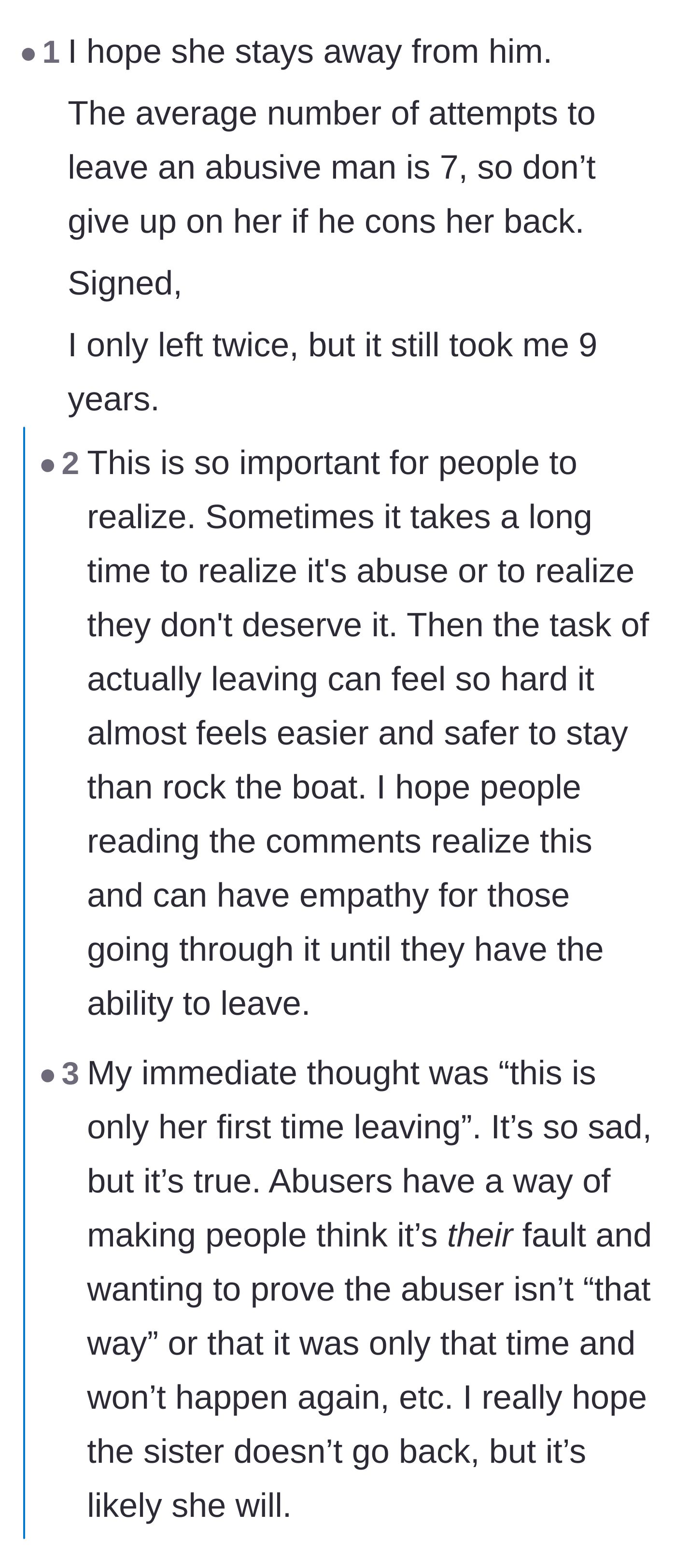 Comment thread 1 - Survivors and friends share heartbreaking statistics about how many times it takes to leave an abuser, urging patience and empathy.