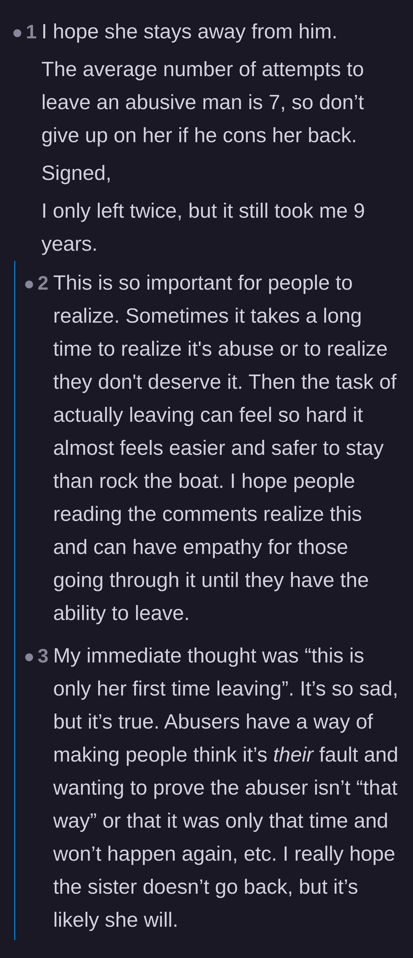 Comment thread 1 - Survivors and friends share heartbreaking statistics about how many times it takes to leave an abuser, urging patience and empathy.