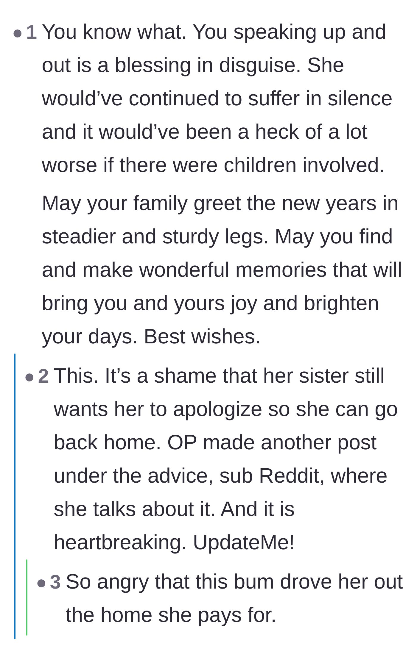 Comment thread 2 - Readers pointing out that the author speaking up was actually a blessing in disguise that saved her sister from worse suffering.