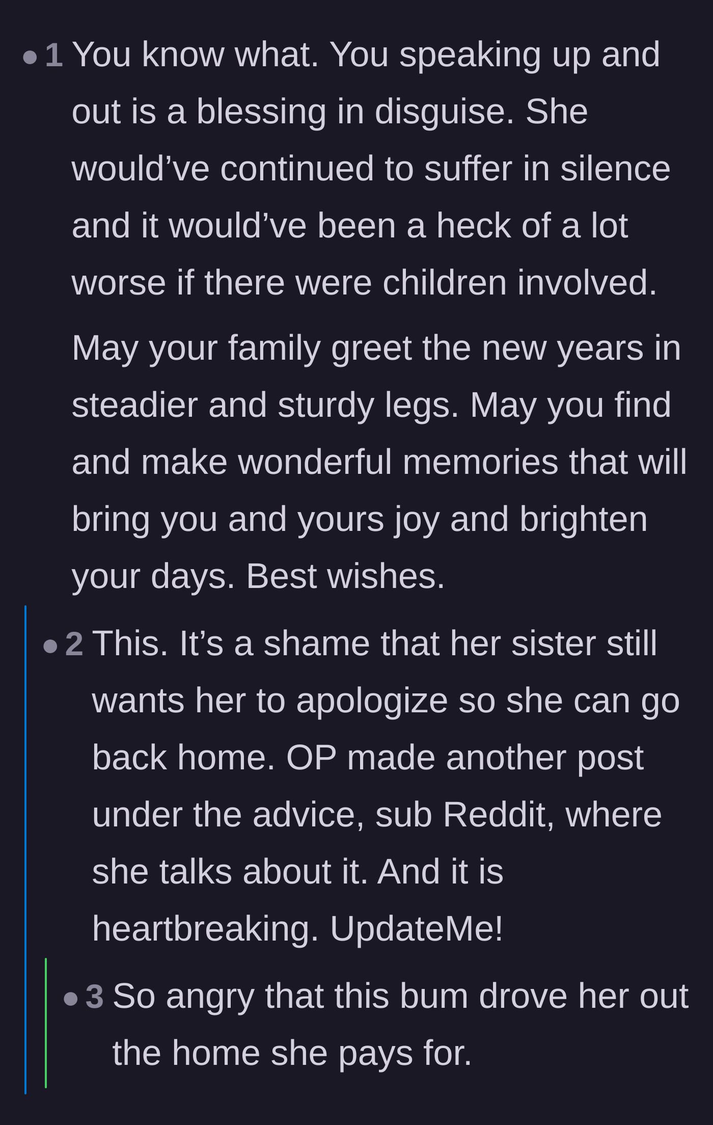Comment thread 2 - Readers pointing out that the author speaking up was actually a blessing in disguise that saved her sister from worse suffering.