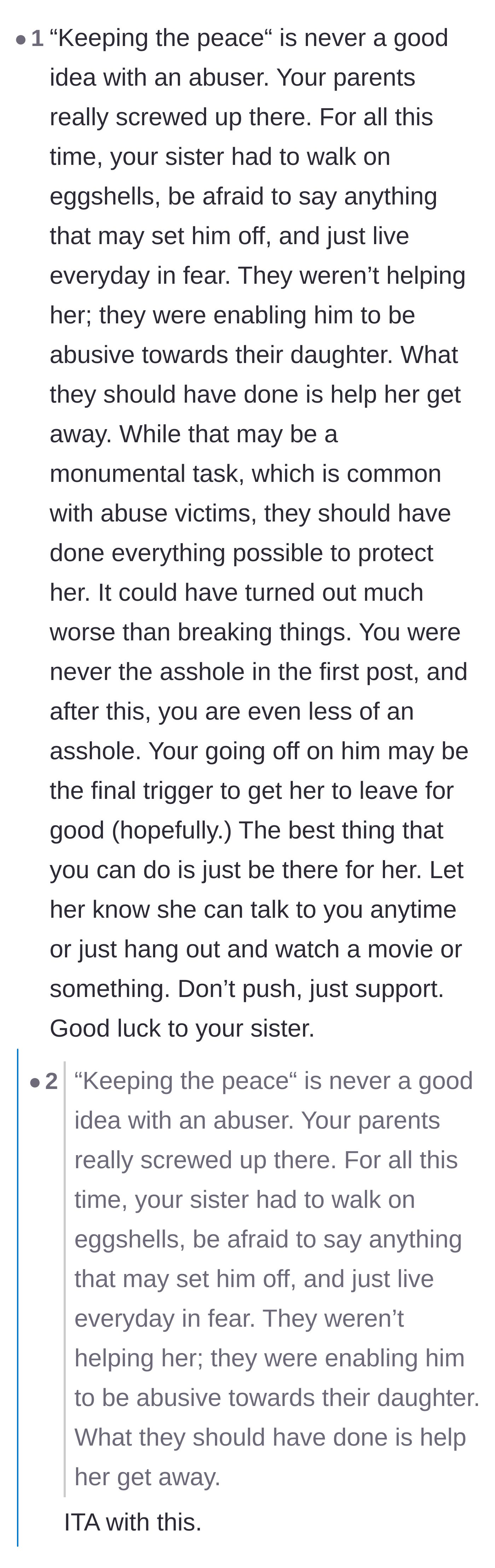 Comment thread 5 - A harsh but true critique of the parents for enabling the abuser in the name of keeping the peace.