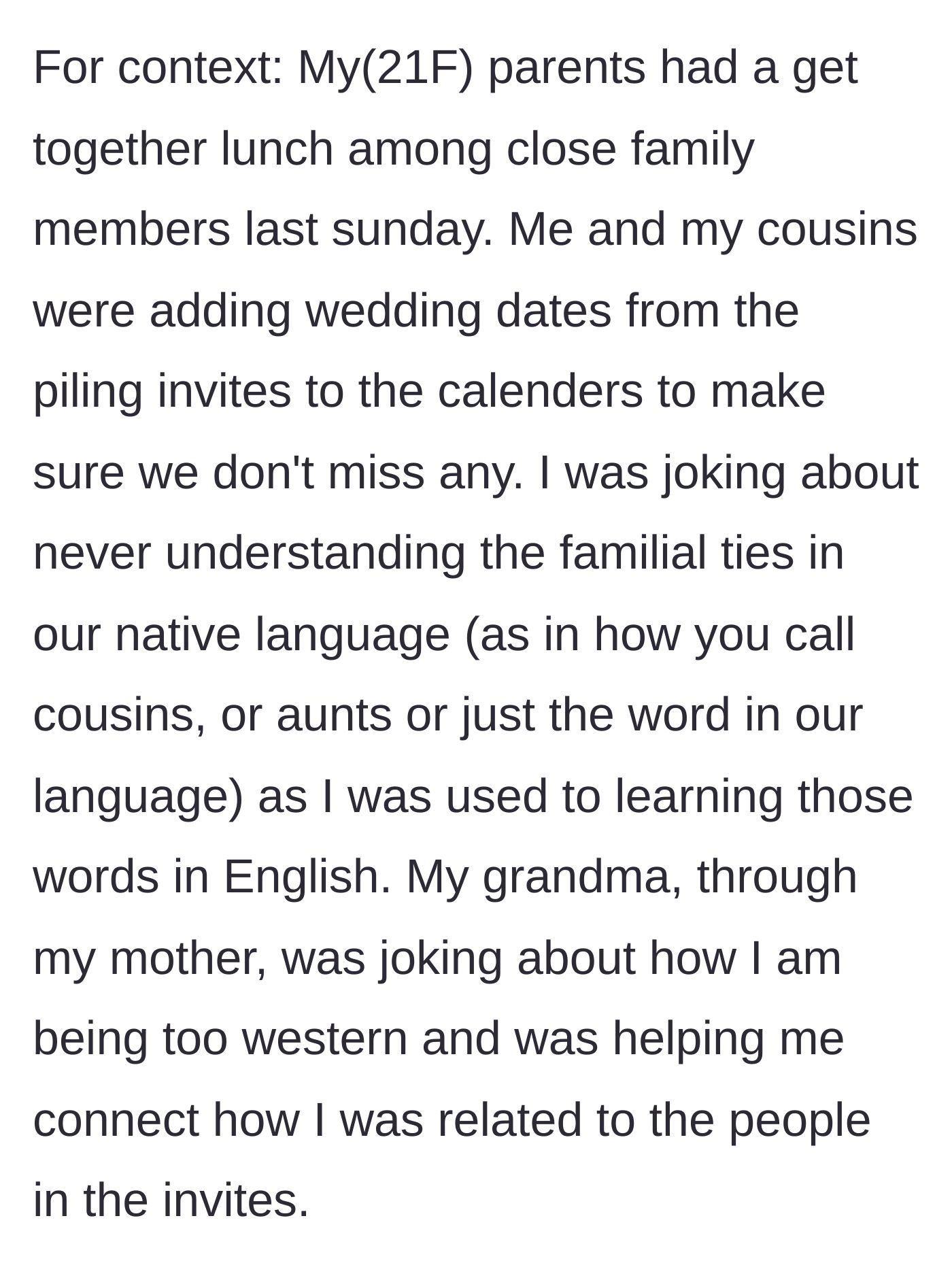 Story part 1 - A 21-year-old girl and her cousins happily sorting through a giant pile of wedding invitations at a family Sunday lunch.