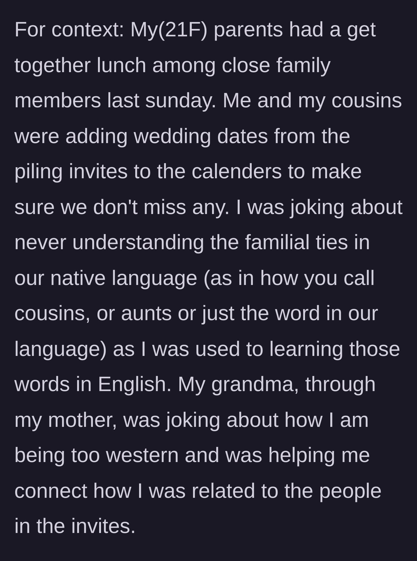 Story part 1 - A 21-year-old girl and her cousins happily sorting through a giant pile of wedding invitations at a family Sunday lunch.