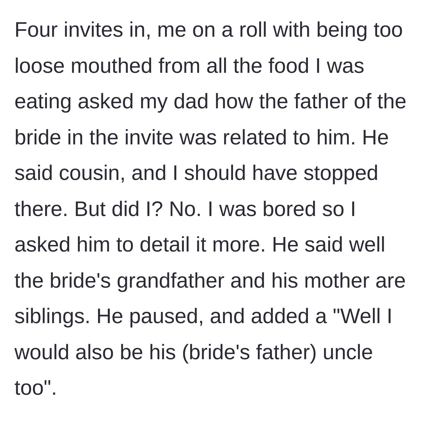 Story part 2 - A confused girl looking at her father as he tries to explain a very convoluted family tree using a bride and her grandfather.
