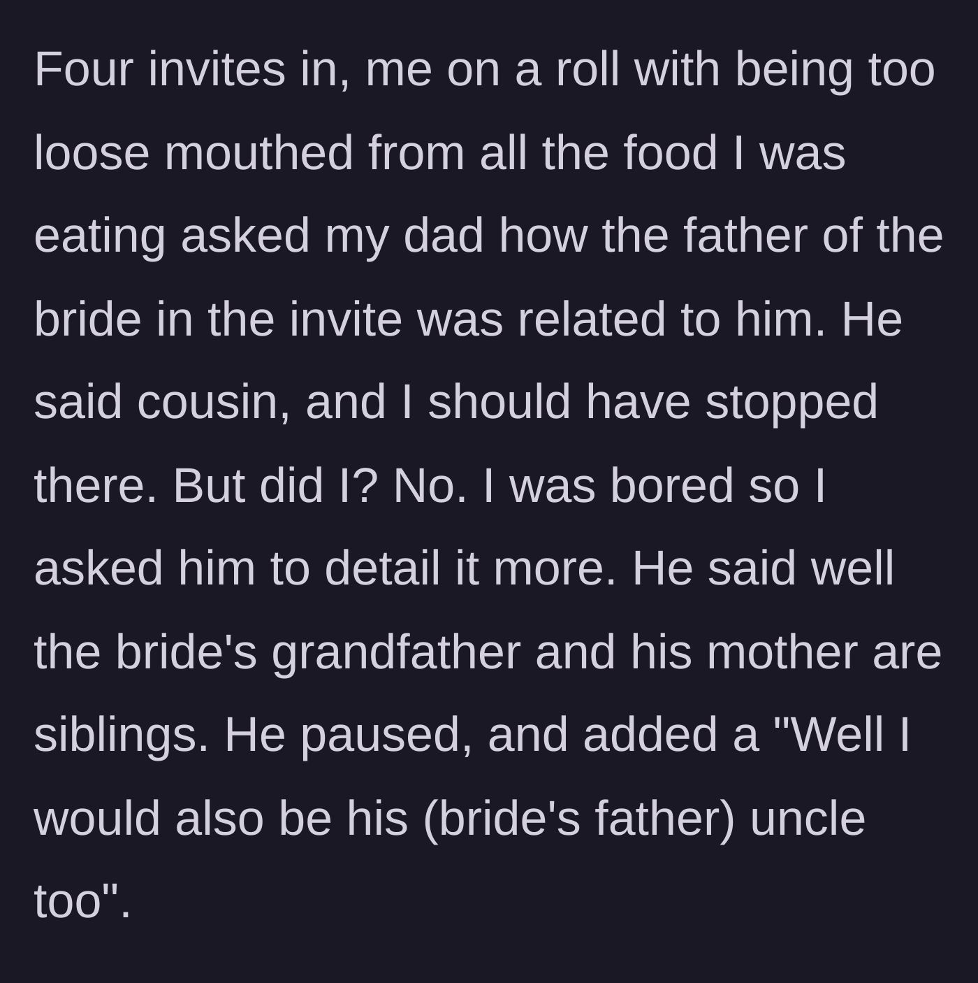Story part 2 - A confused girl looking at her father as he tries to explain a very convoluted family tree using a bride and her grandfather.
