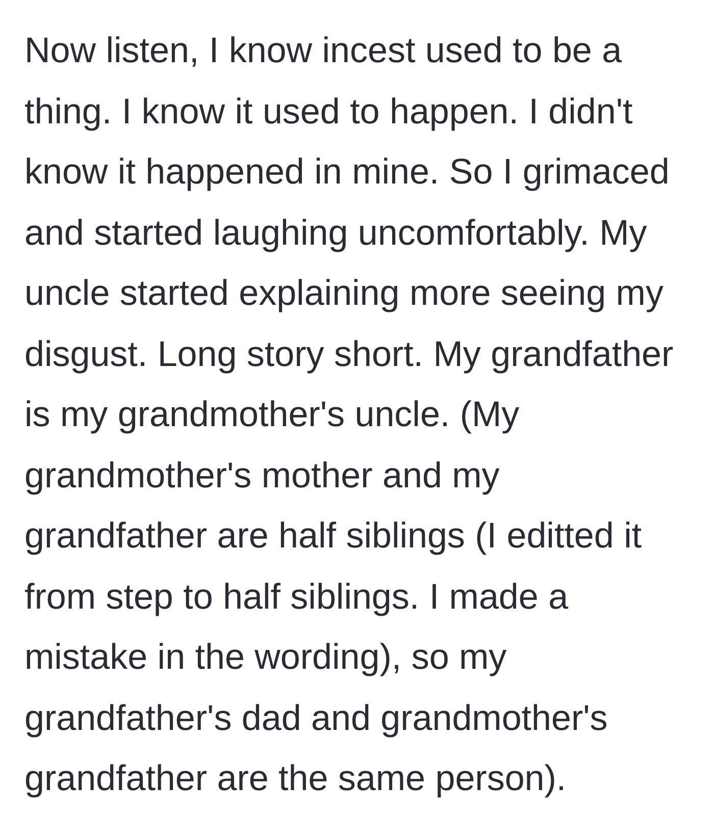 Story part 3 - A horrified realization dawning on a young woman's face as her uncle explains a dark, hidden family secret.