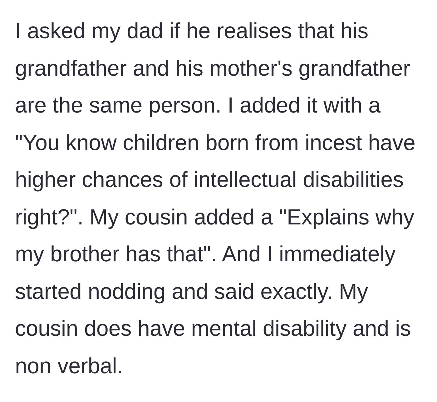 Story part 5 - A girl dropping a verbal bombshell at a dinner table while her cousin nods in agreement, connecting the dots.