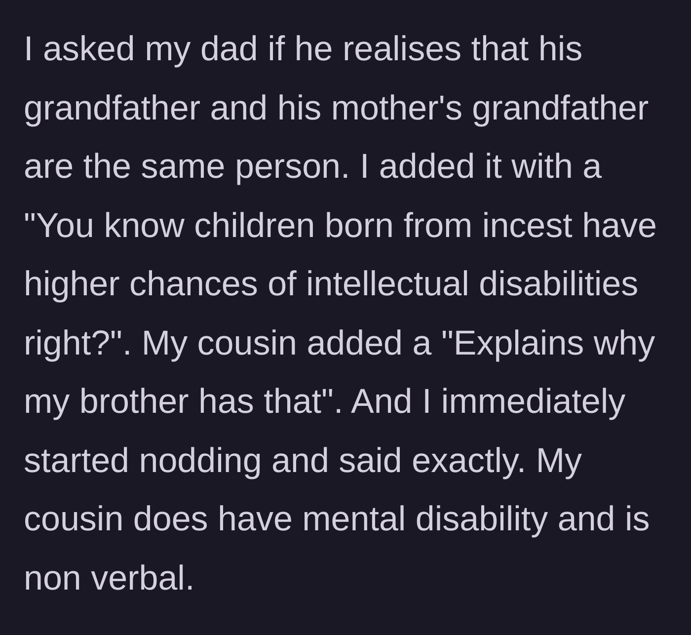 Story part 5 - A girl dropping a verbal bombshell at a dinner table while her cousin nods in agreement, connecting the dots.