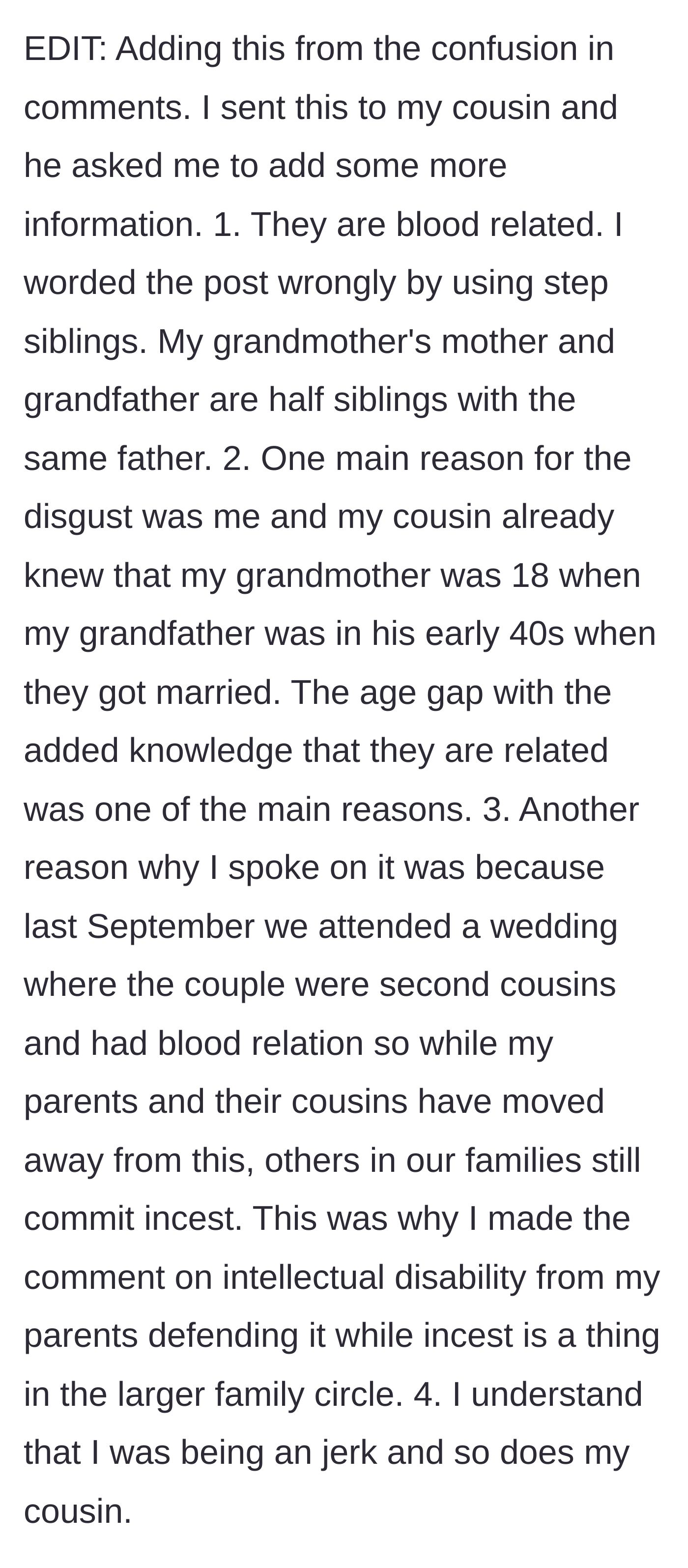 Story part 7 - A bulleted mental checklist of even more shocking family secrets, including a massive age gap and recent cousin marriages.