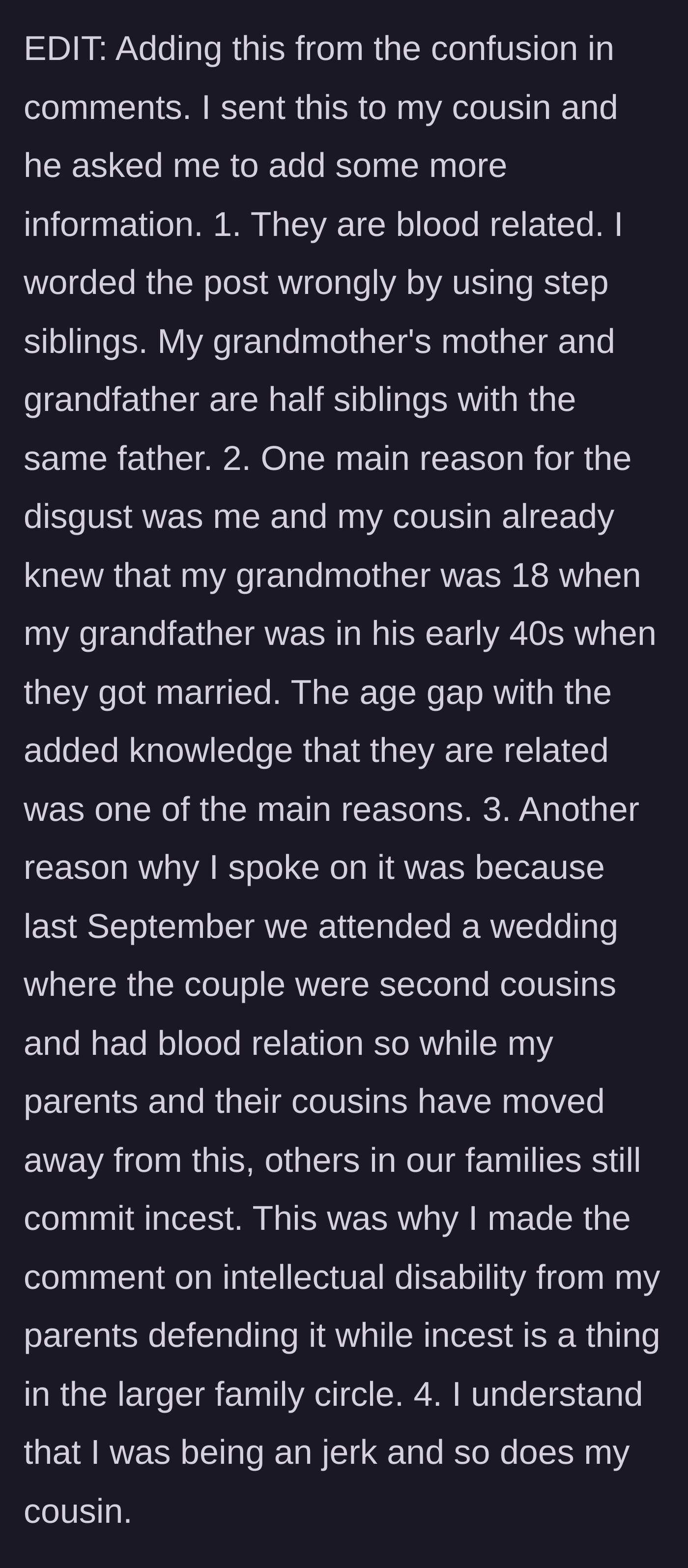 Story part 7 - A bulleted mental checklist of even more shocking family secrets, including a massive age gap and recent cousin marriages.