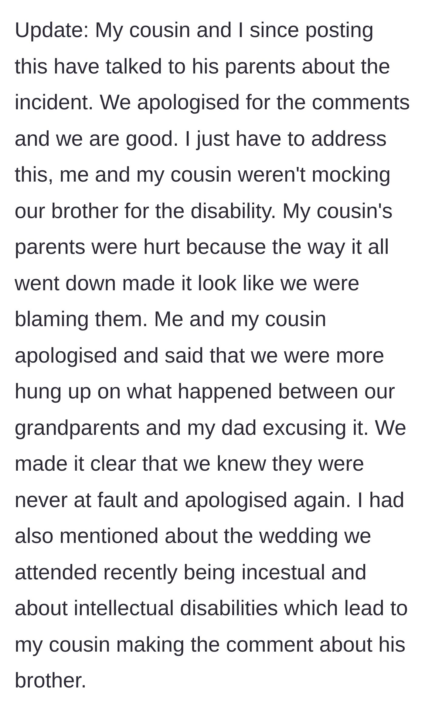 Story part 8 - Two cousins sitting down with their aunt and uncle to clear the air and offer a sincere apology.