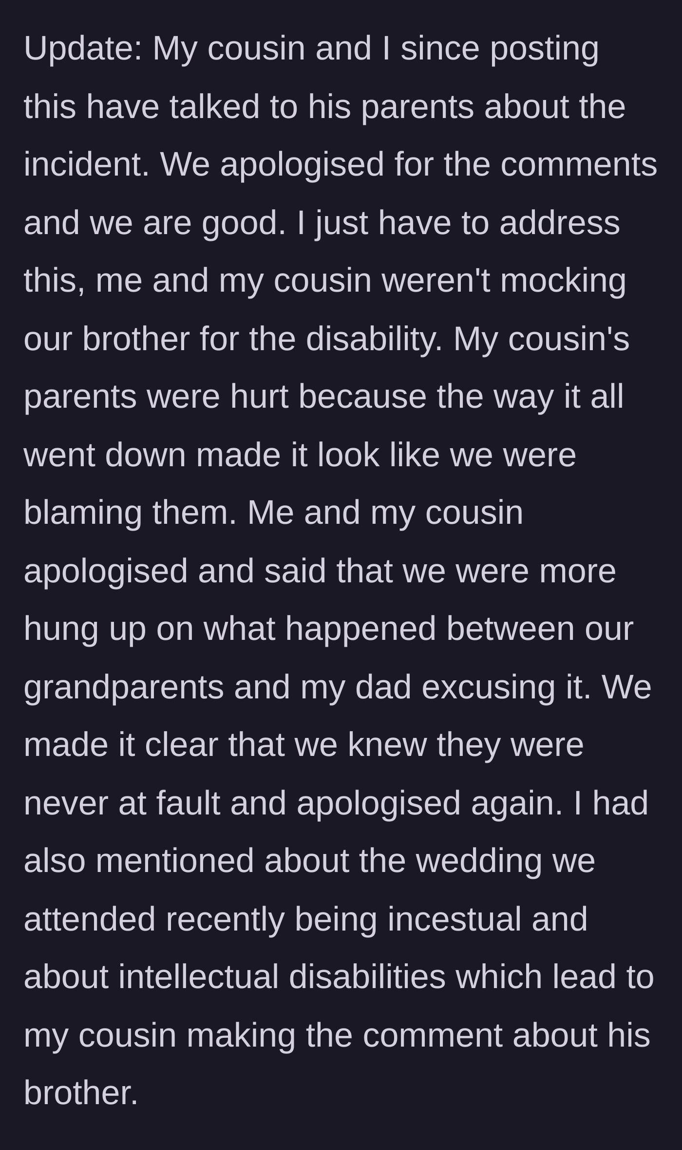 Story part 8 - Two cousins sitting down with their aunt and uncle to clear the air and offer a sincere apology.