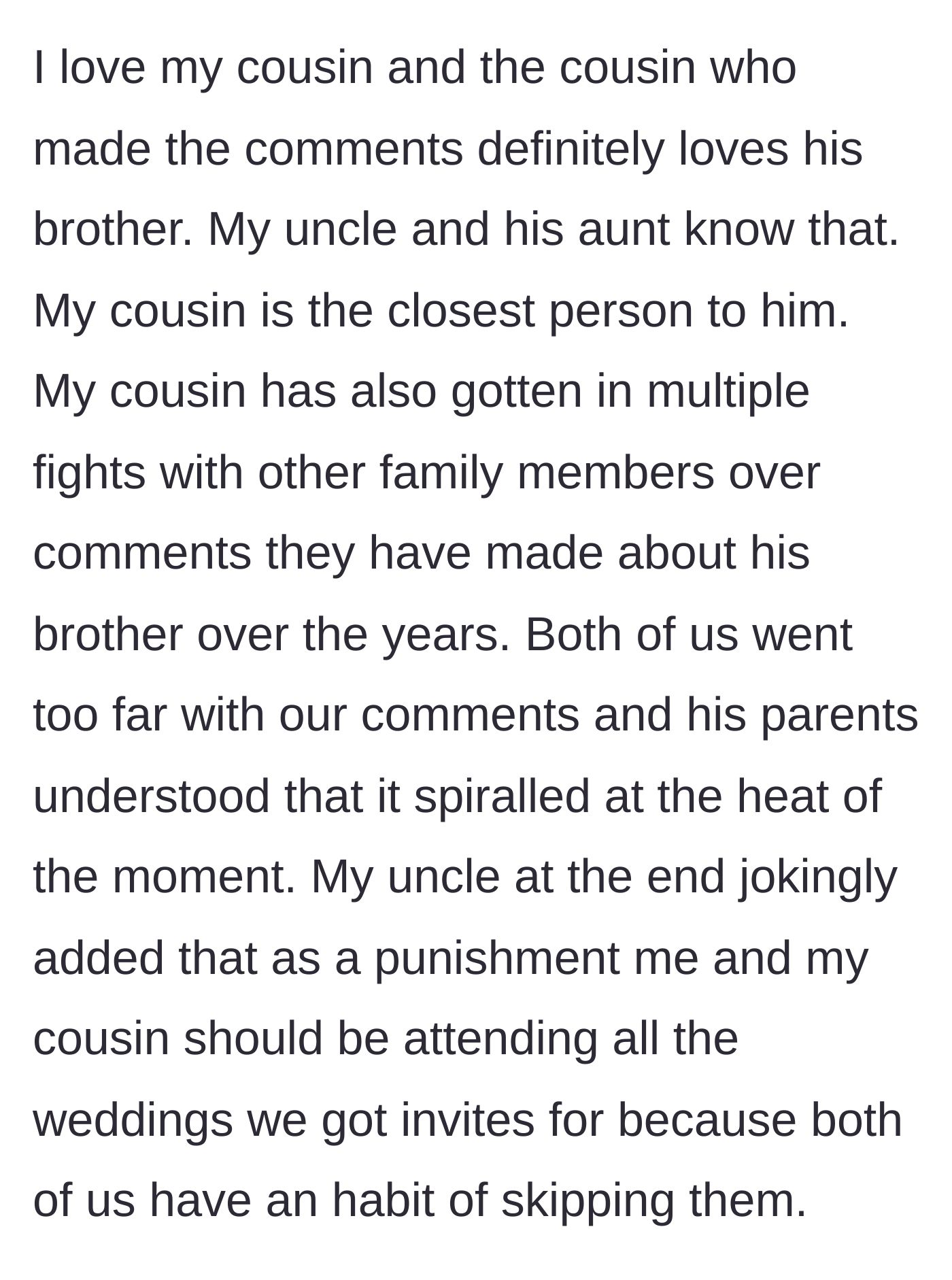 Story part 9 - A family laughing together and making amends after a massive blowout, with the uncle jokingly handing out a punishment.
