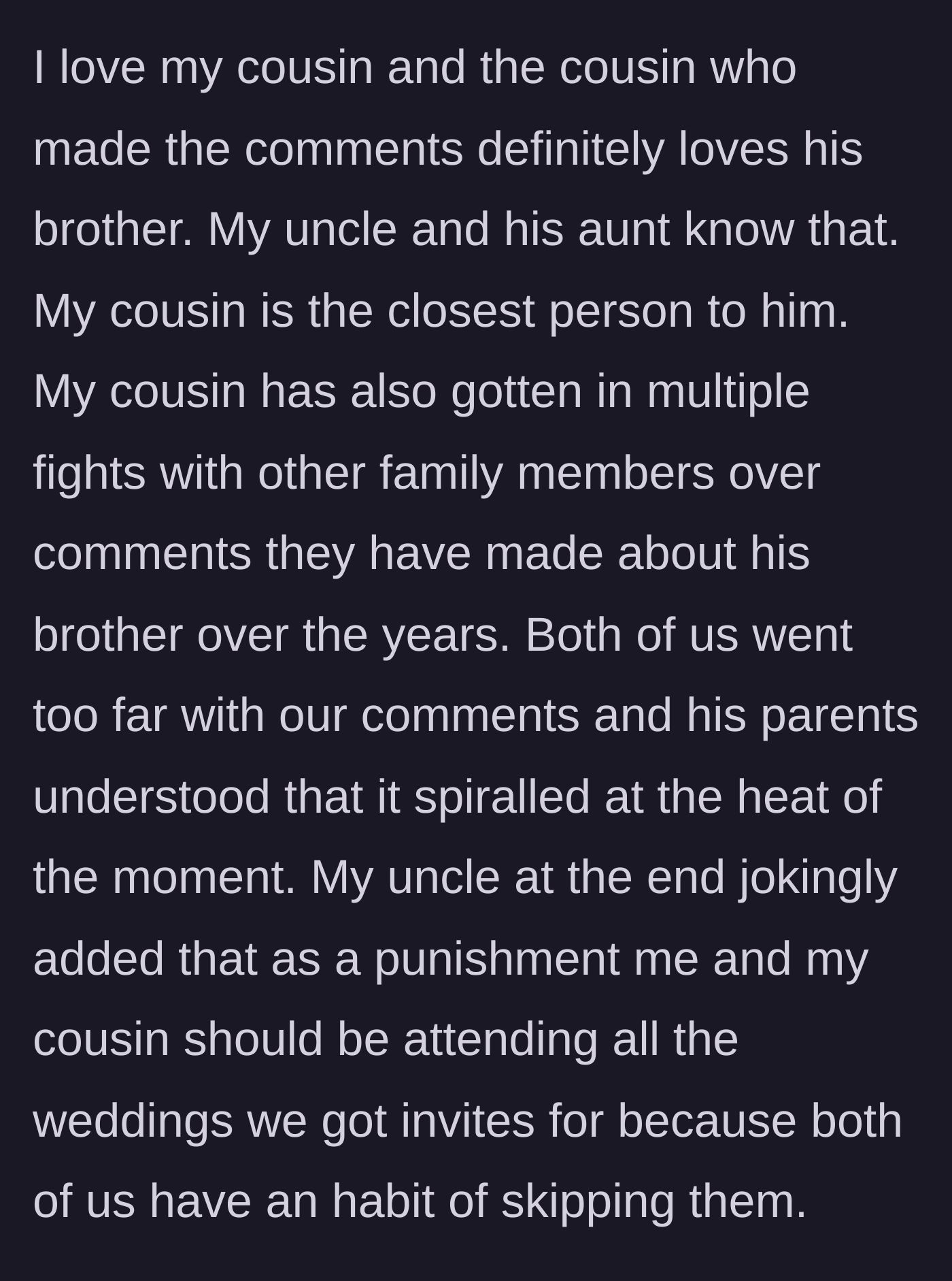 Story part 9 - A family laughing together and making amends after a massive blowout, with the uncle jokingly handing out a punishment.
