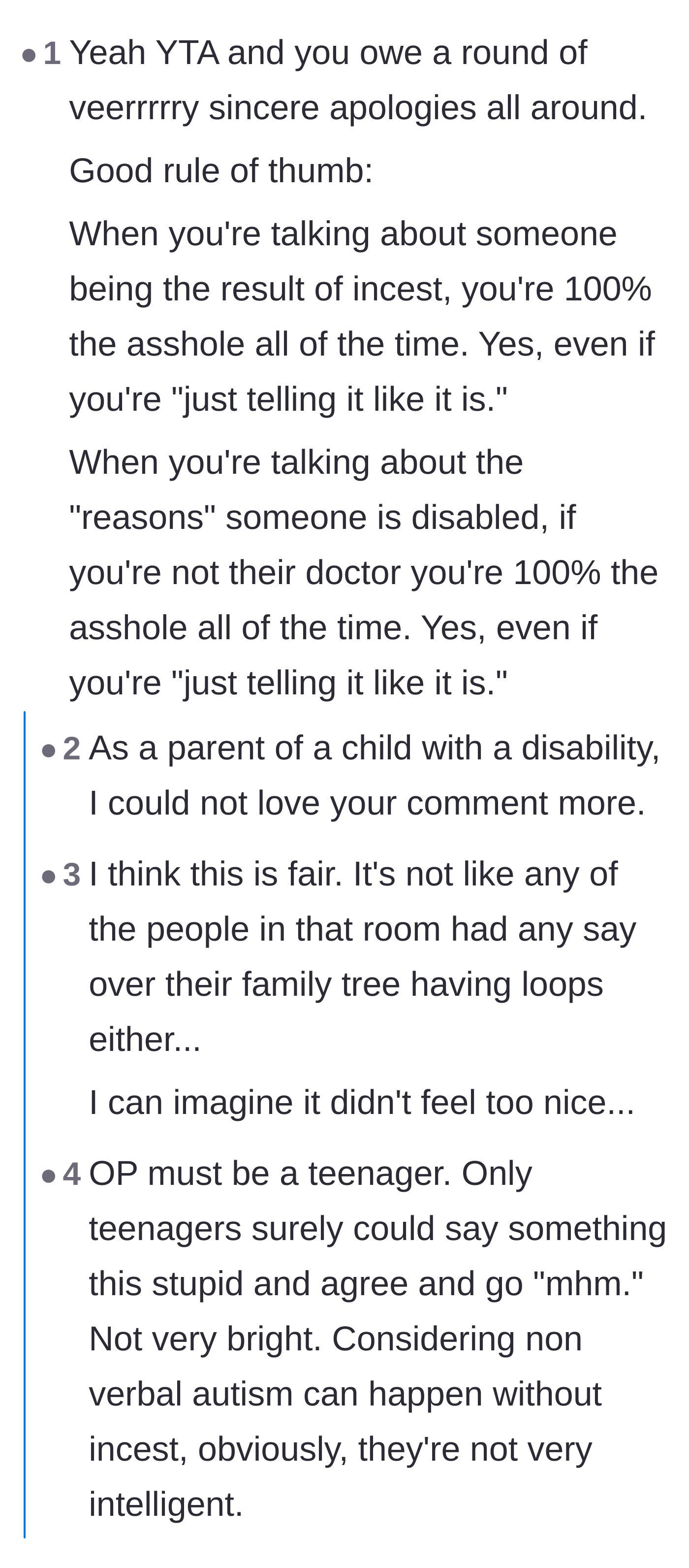Comment thread 1 - A discussion heavily criticizing the author for playing armchair geneticist with her disabled cousin.