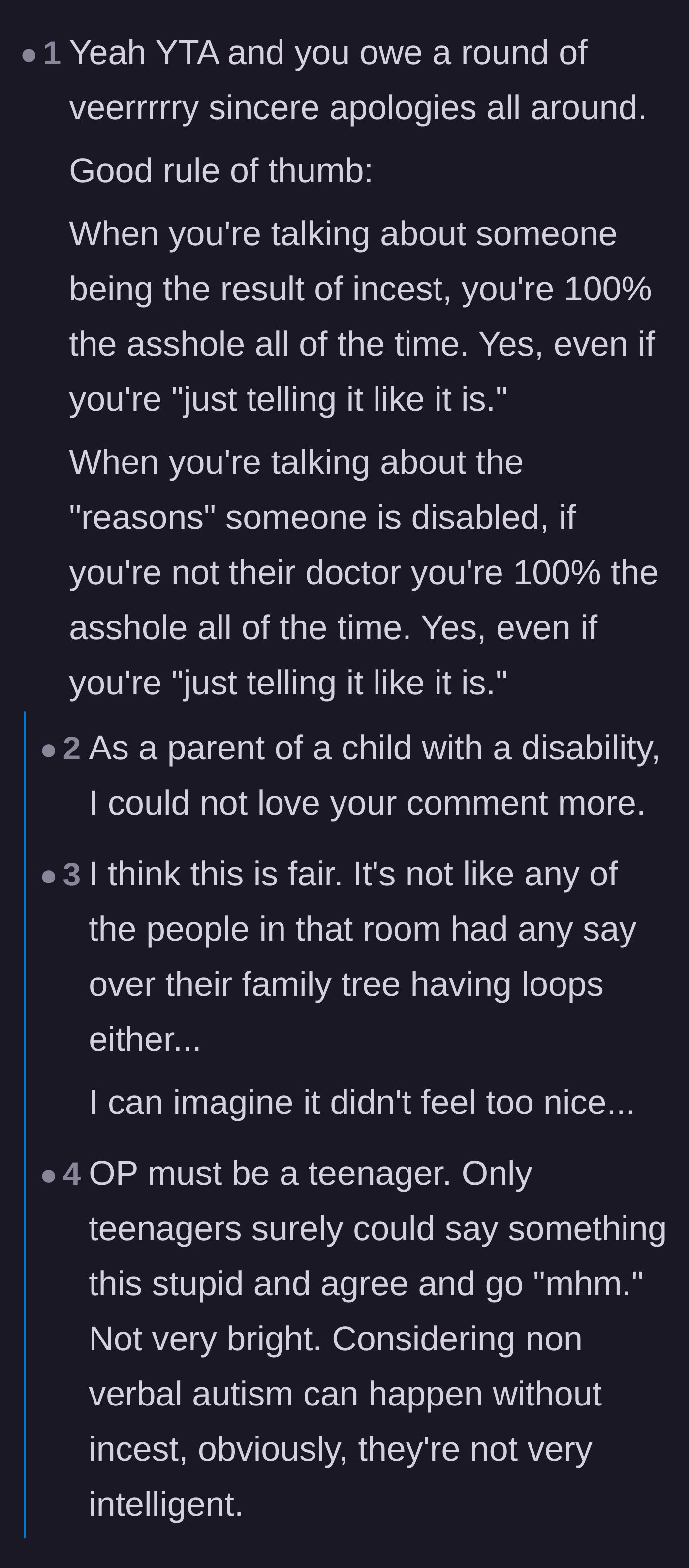 Comment thread 1 - A discussion heavily criticizing the author for playing armchair geneticist with her disabled cousin.