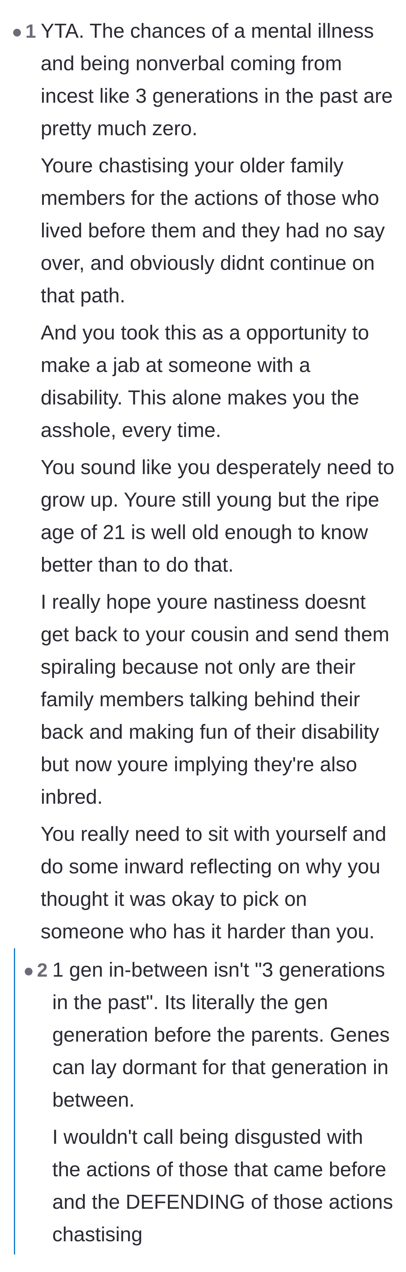 Comment thread 2 - Users debating the actual mathematical odds of inherited genetic disorders from a single incestuous marriage.