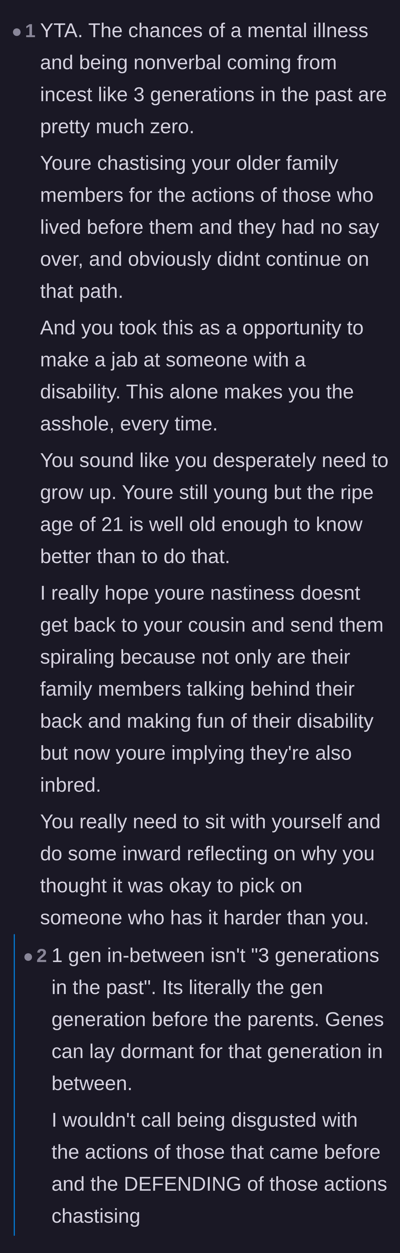 Comment thread 2 - Users debating the actual mathematical odds of inherited genetic disorders from a single incestuous marriage.