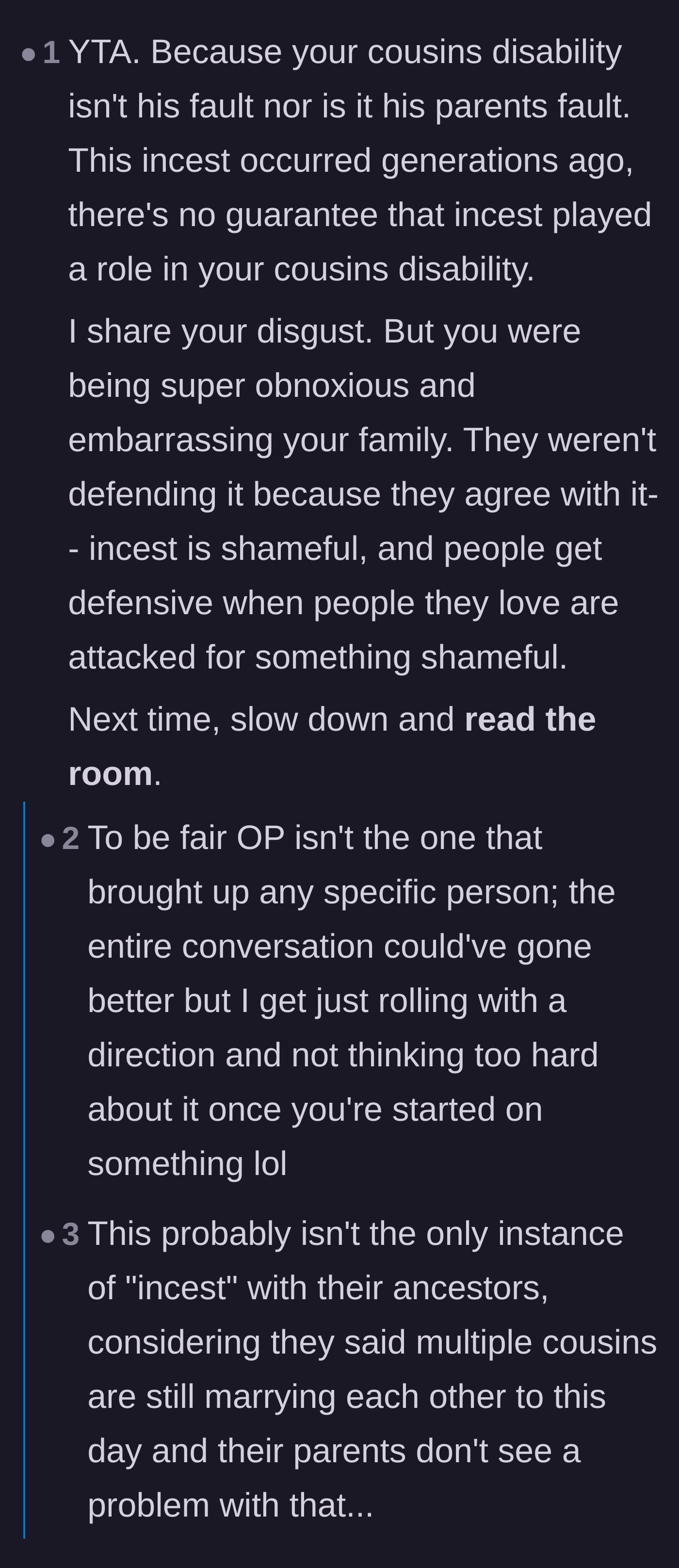 Comment thread 3 - Advice on reading the room and understanding how deep generational shame runs in families.