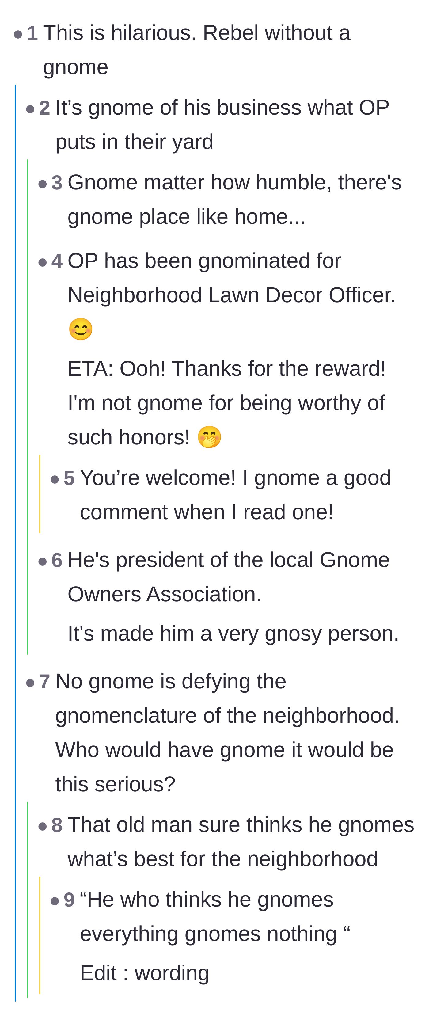 Comment thread 2 - A massive chain of gnome-related puns and wordplay.