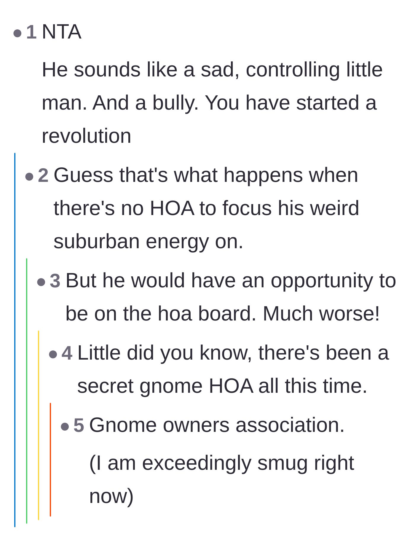 Comment thread 3 - Discussion about the neighbor acting like a bully and running a secret Gnome Owners Association.