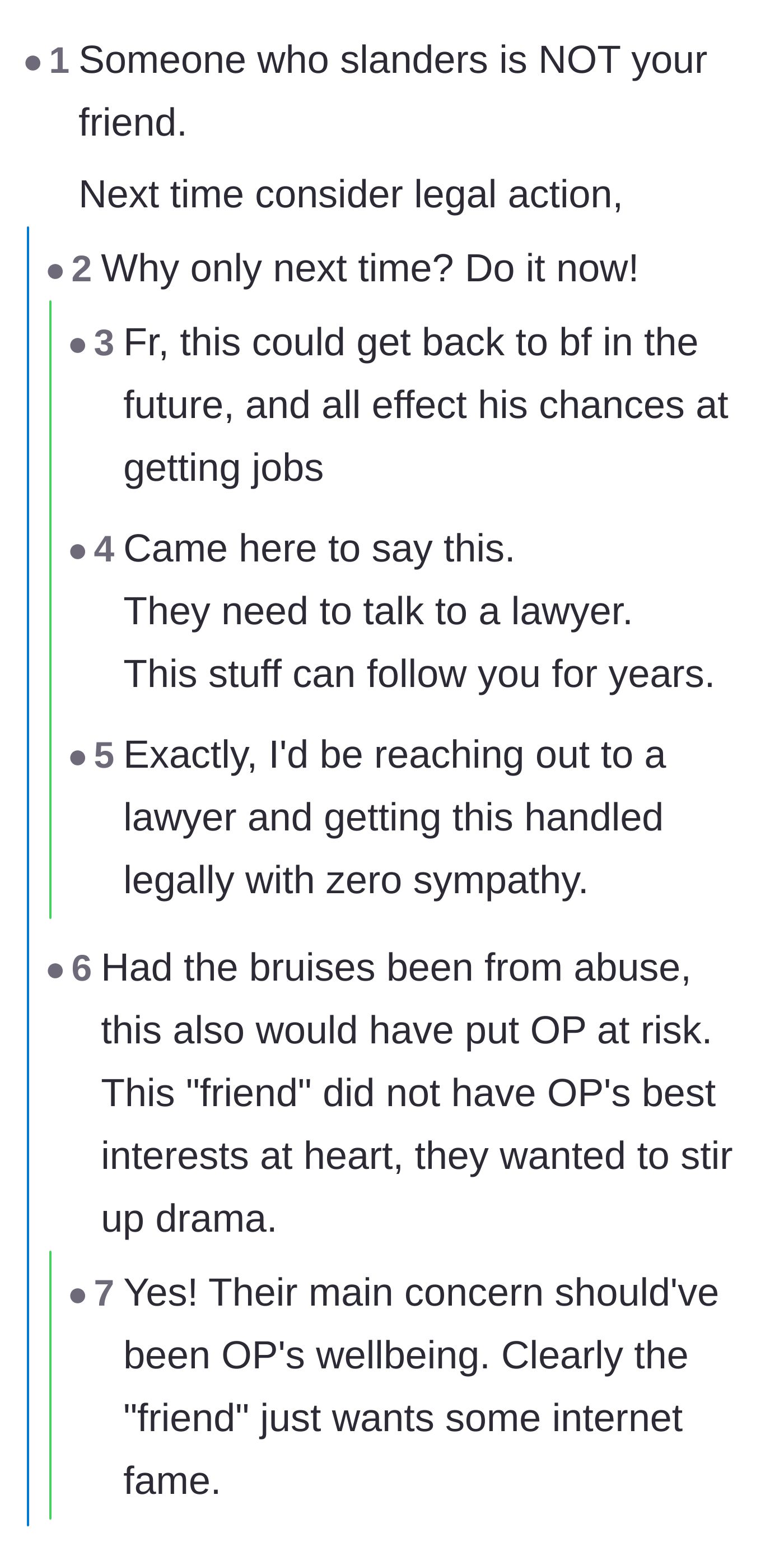 Comment thread 1 - Readers urge the couple to pursue legal action for defamation and point out the friend endangered the girlfriend either way.
