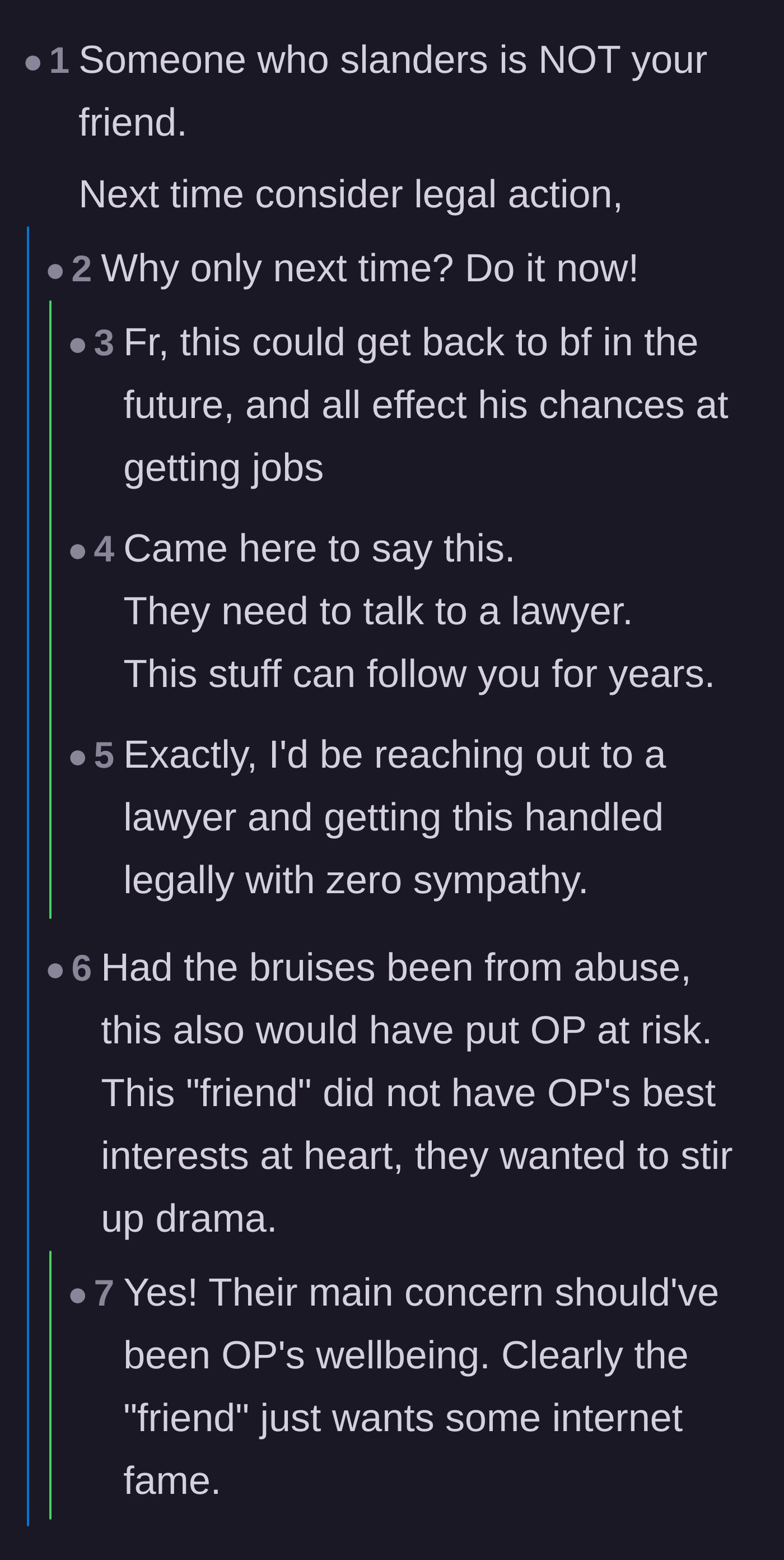 Comment thread 1 - Readers urge the couple to pursue legal action for defamation and point out the friend endangered the girlfriend either way.