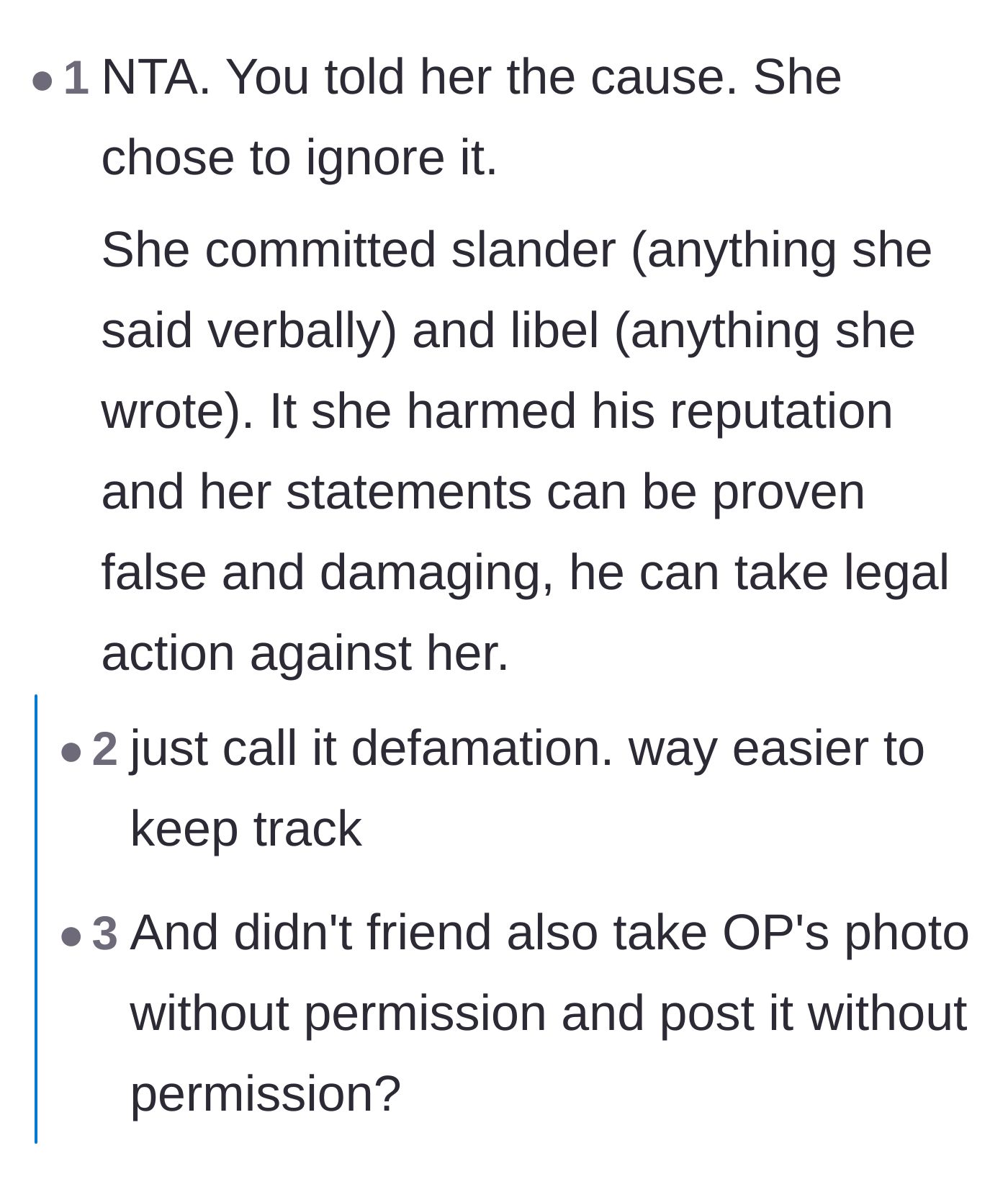 Comment thread 3 - A debate on the exact legal terms for the friend's actions, highlighting defamation and posting photos without consent.