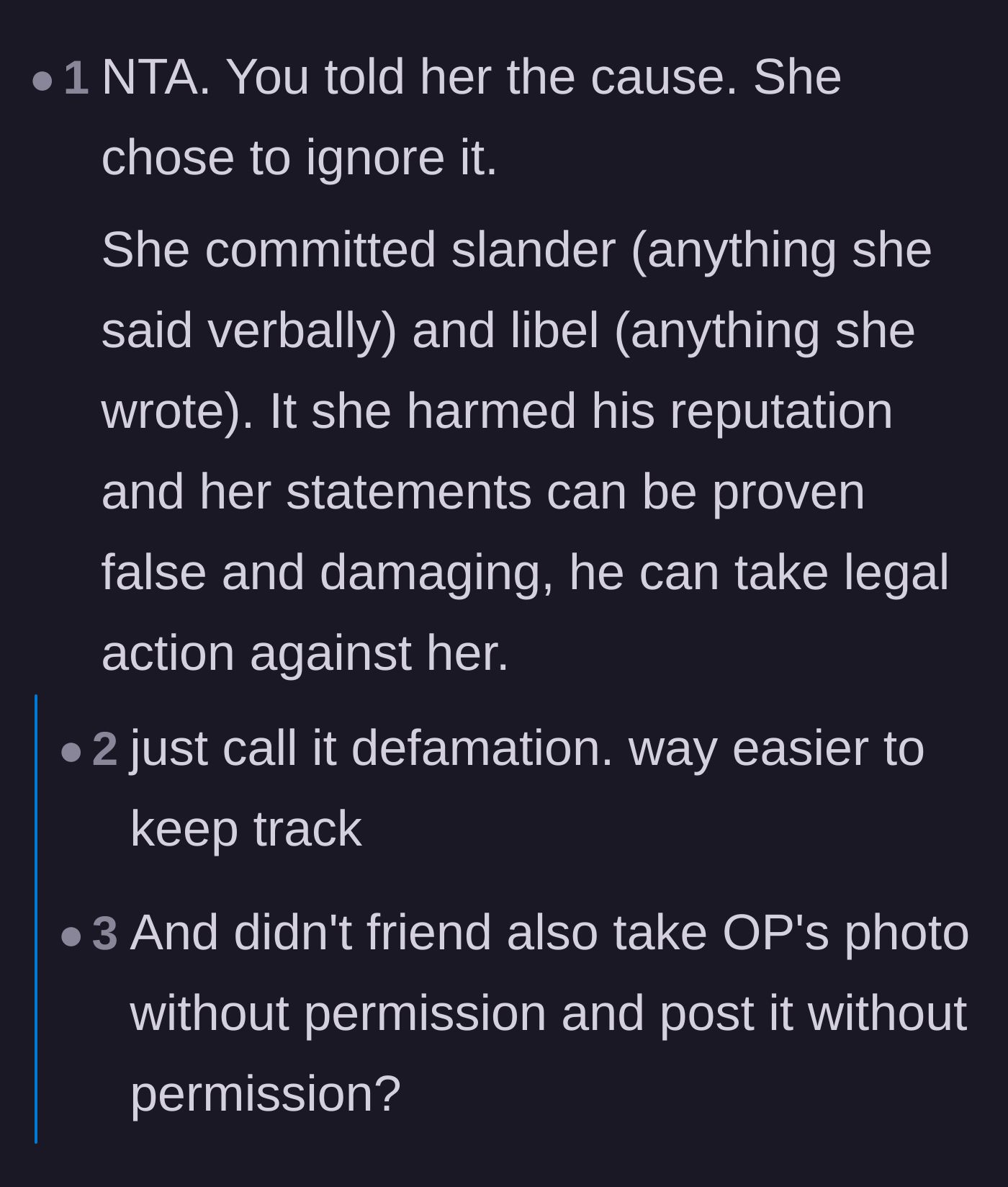 Comment thread 3 - A debate on the exact legal terms for the friend's actions, highlighting defamation and posting photos without consent.