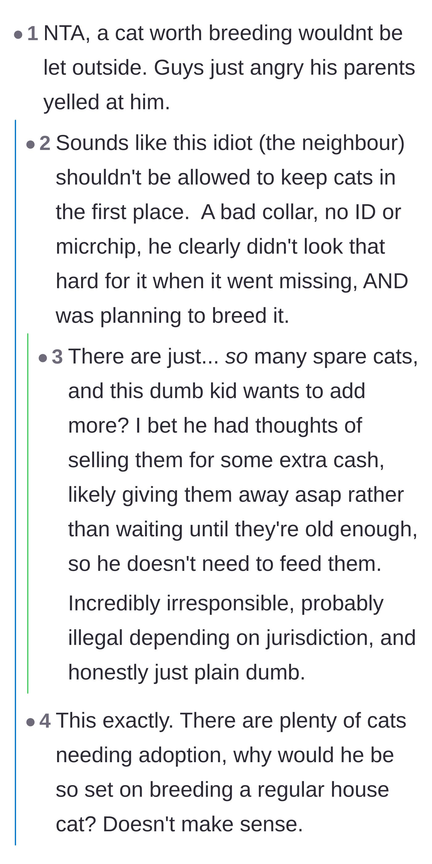 Comment thread 1 - Readers debating the illogical nature of letting a supposedly valuable breeding cat roam freely without identification.