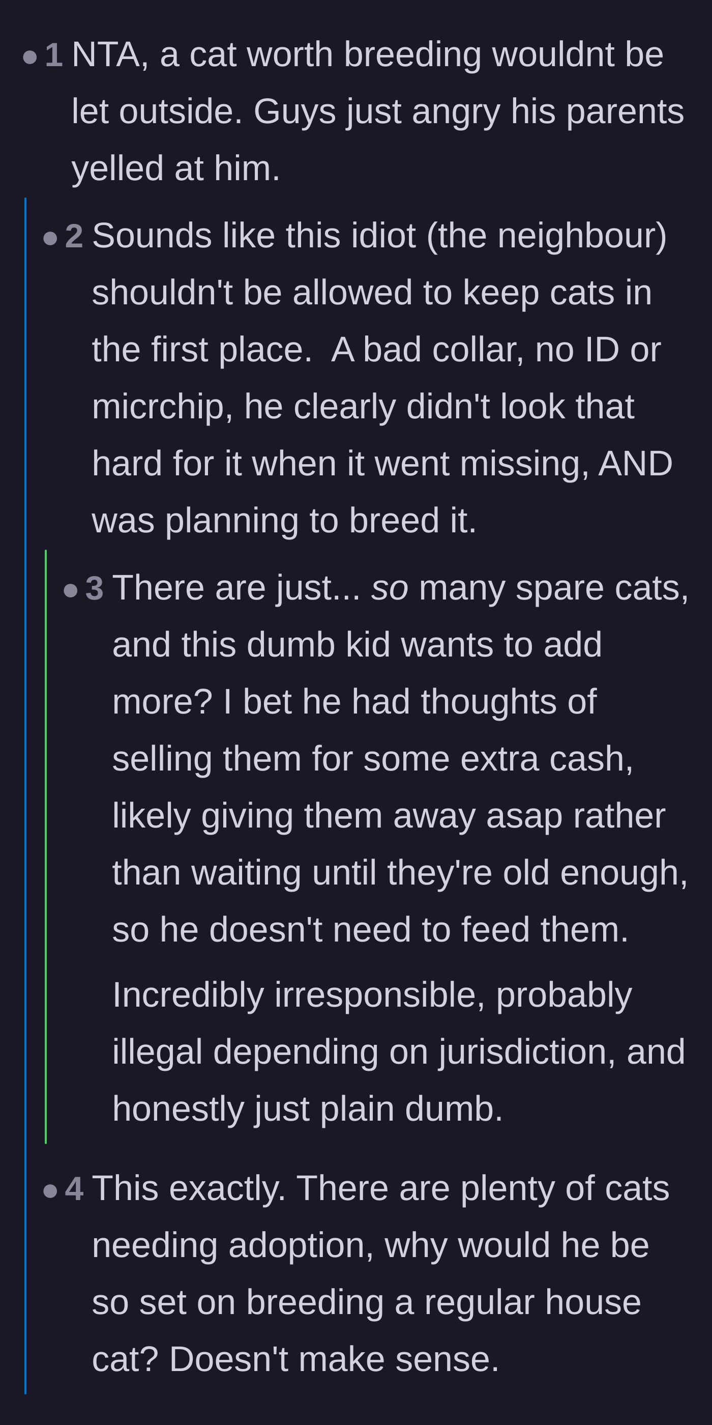 Comment thread 1 - Readers debating the illogical nature of letting a supposedly valuable breeding cat roam freely without identification.