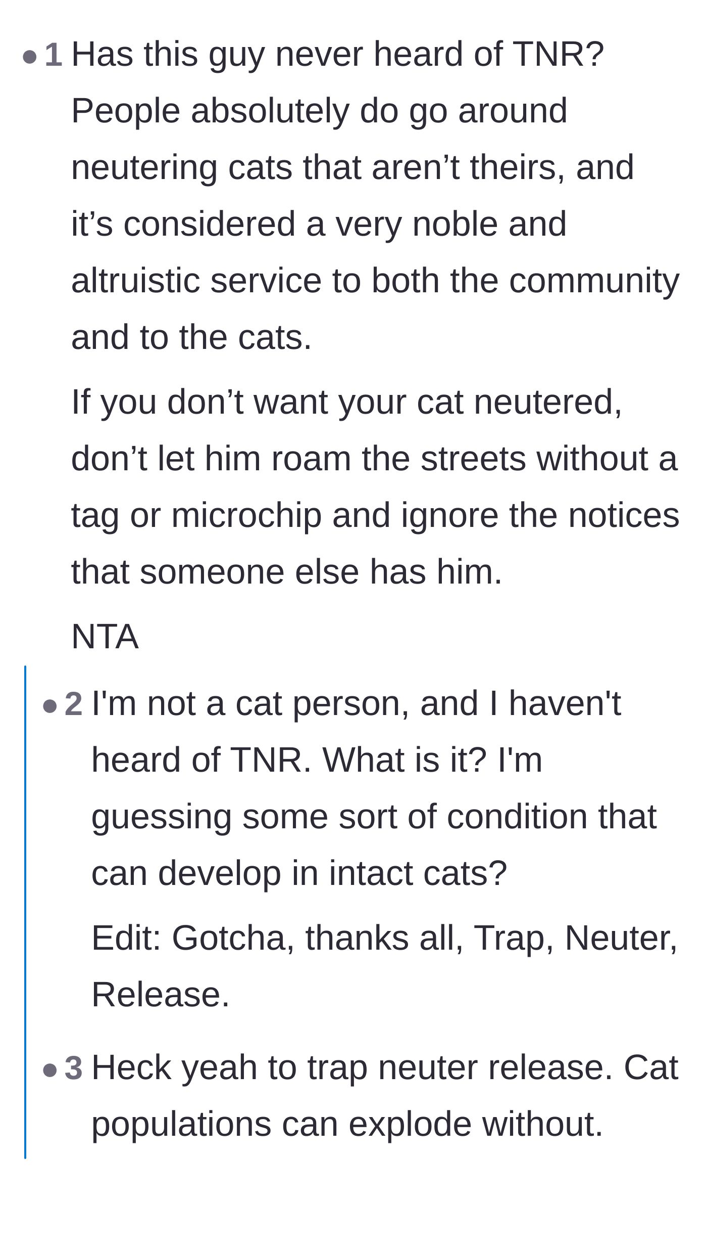 Comment thread 2 - A discussion explaining Trap-Neuter-Return (TNR) programs and praising the original poster's actions.