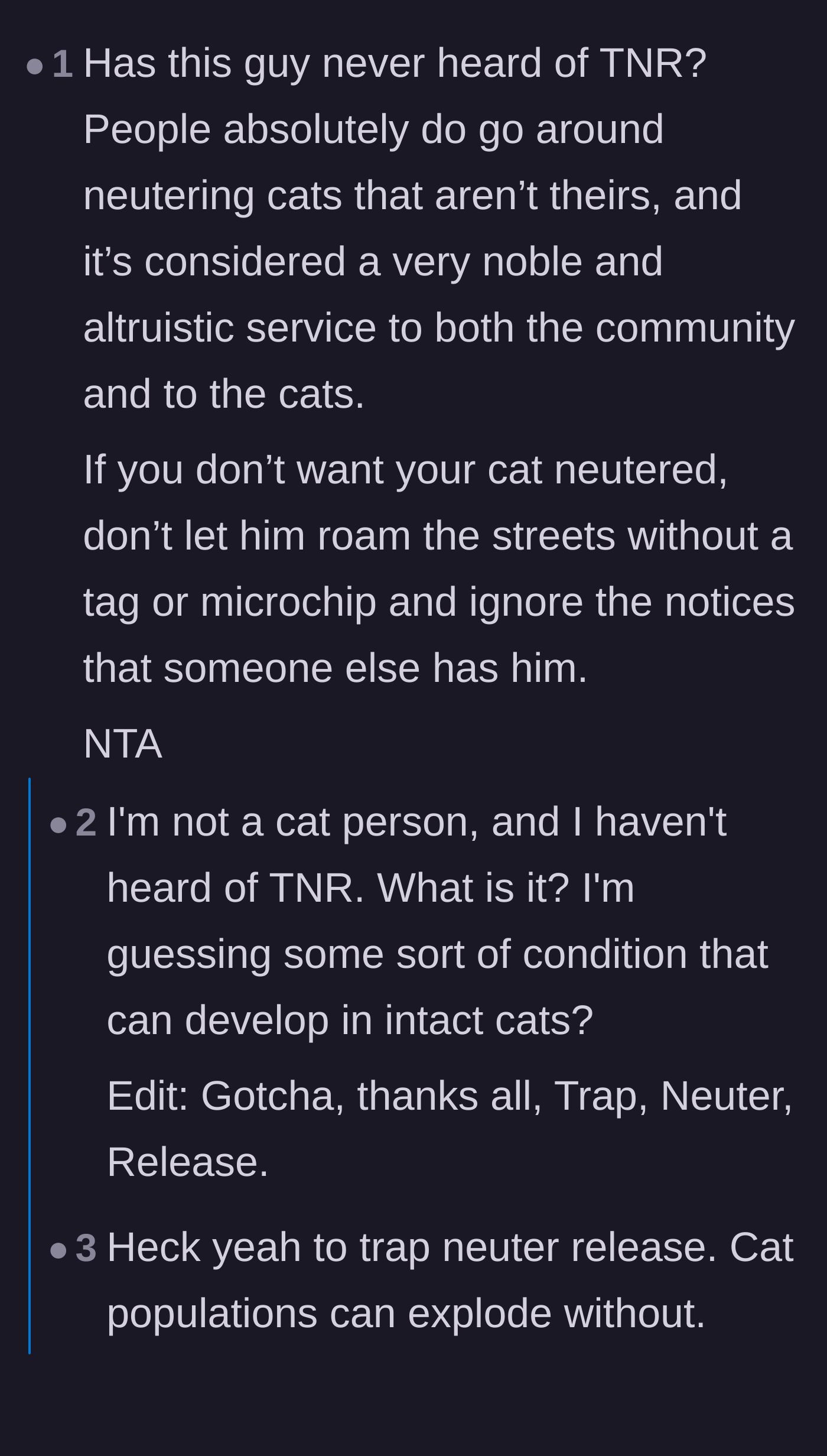 Comment thread 2 - A discussion explaining Trap-Neuter-Return (TNR) programs and praising the original poster's actions.
