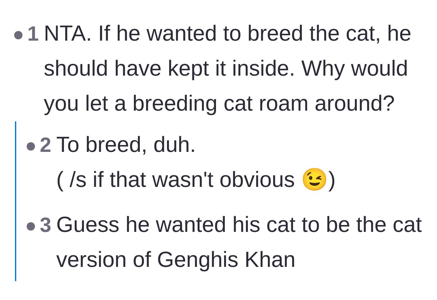 Comment thread 3 - Sarcastic comments about the neighbor's breeding strategy, followed by a sad story about buying a sick kitten from a backyard breeder.