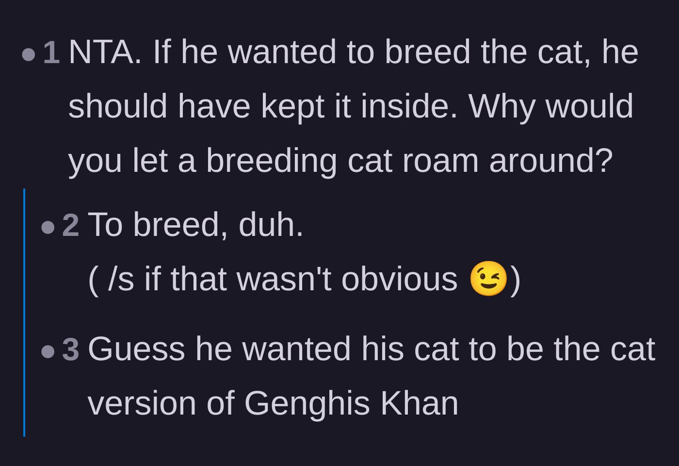 Comment thread 3 - Sarcastic comments about the neighbor's breeding strategy, followed by a sad story about buying a sick kitten from a backyard breeder.