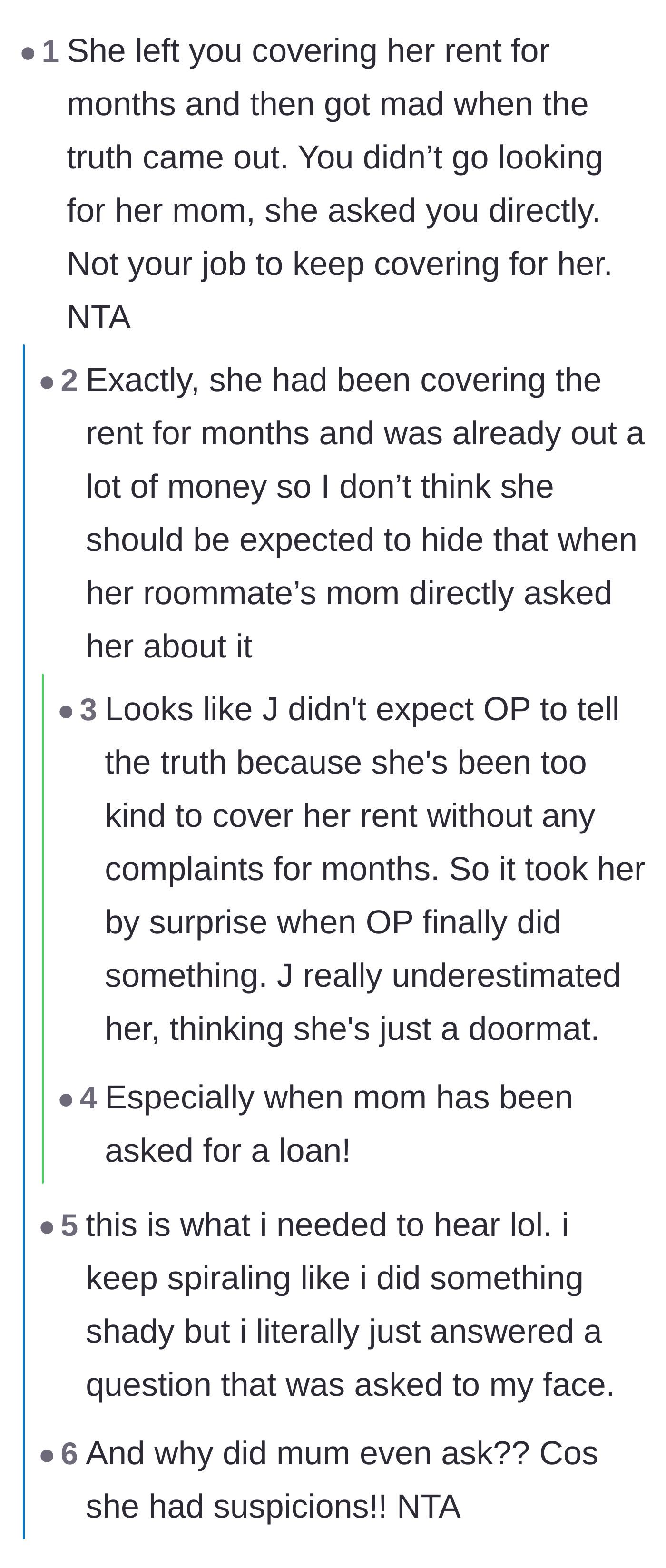 Comment thread 1 - Discussion about how the roommate expected the narrator to lie and cover for her out of habit.