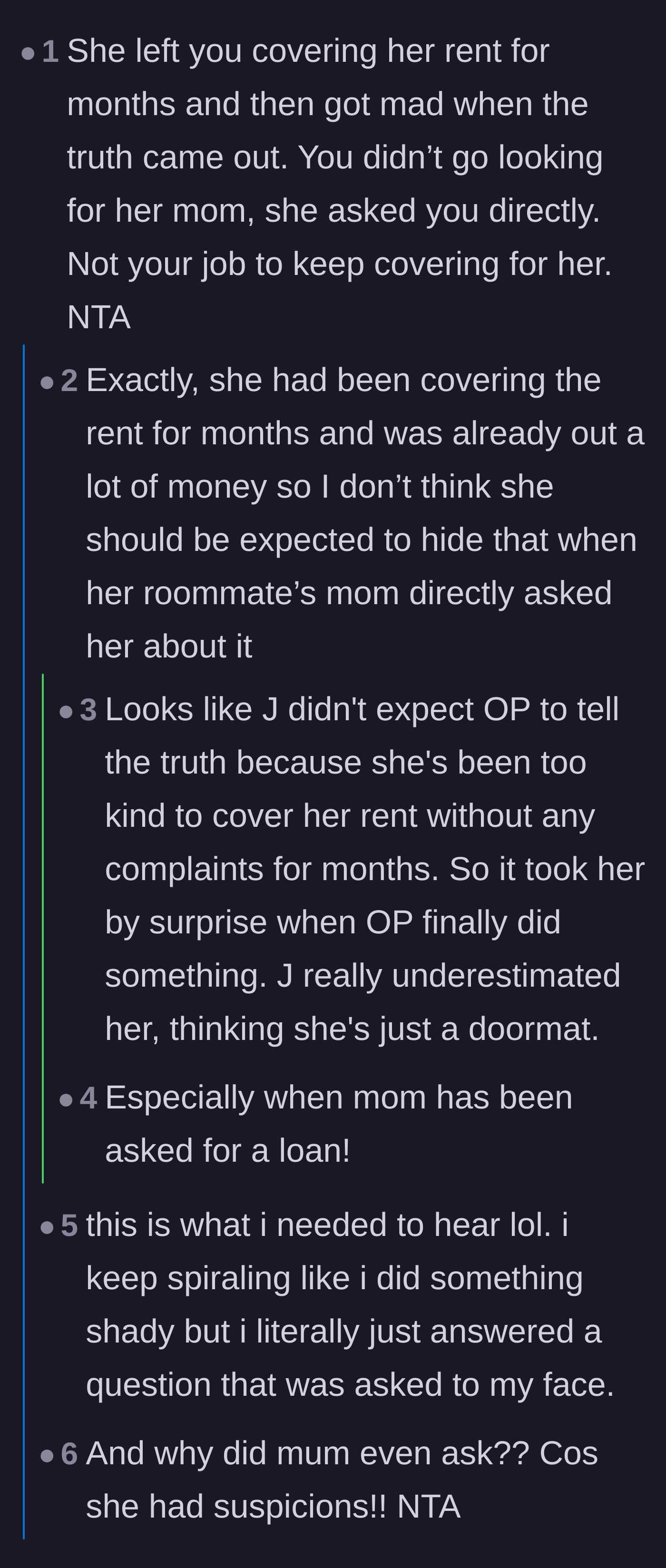 Comment thread 1 - Discussion about how the roommate expected the narrator to lie and cover for her out of habit.
