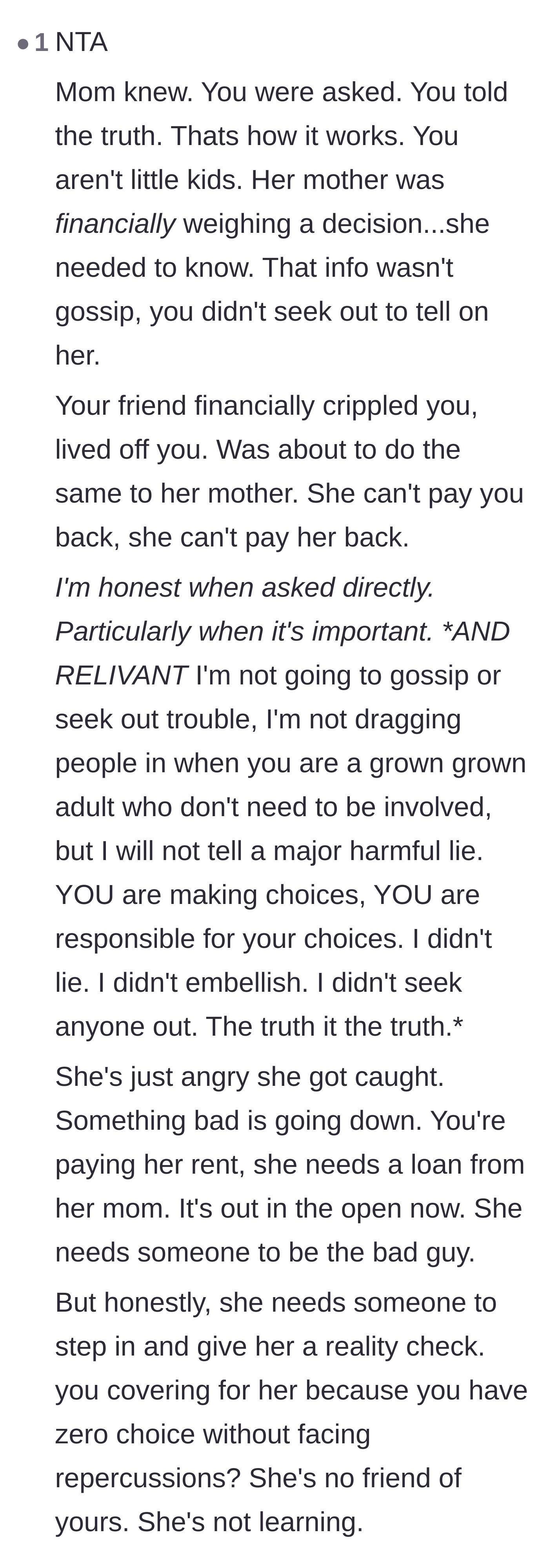 Comment thread 4 - Highlighting that the narrator protected the mother from being financially scammed as well.