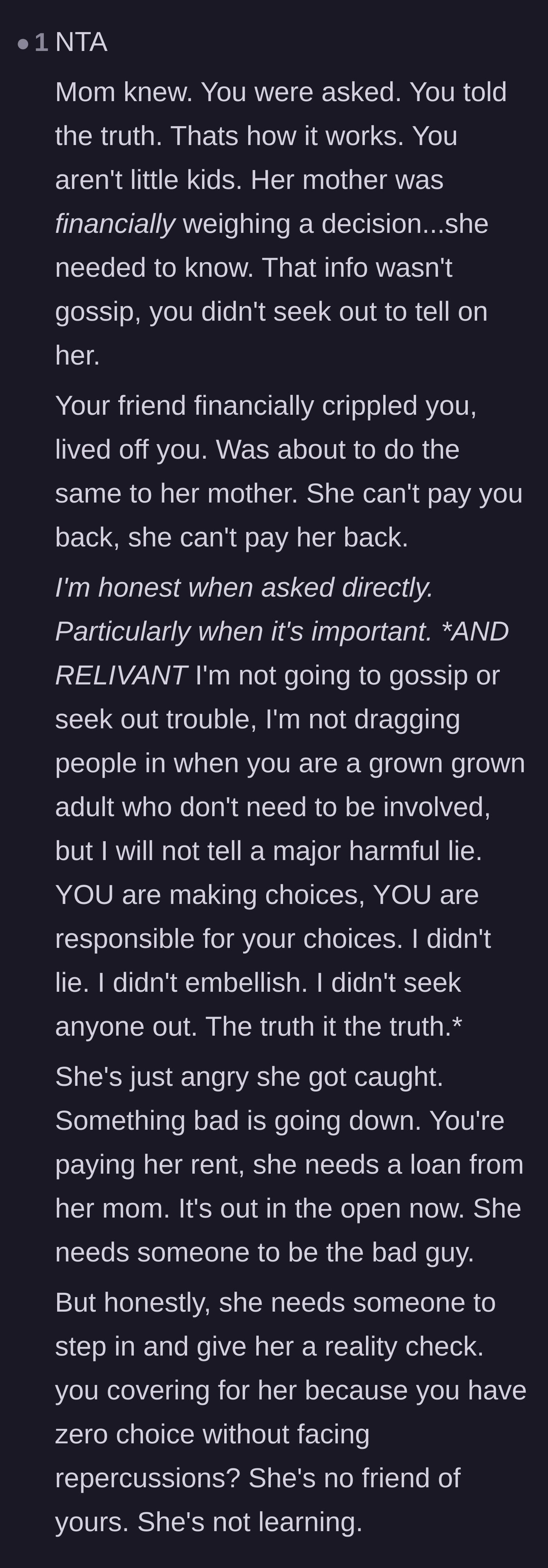 Comment thread 4 - Highlighting that the narrator protected the mother from being financially scammed as well.