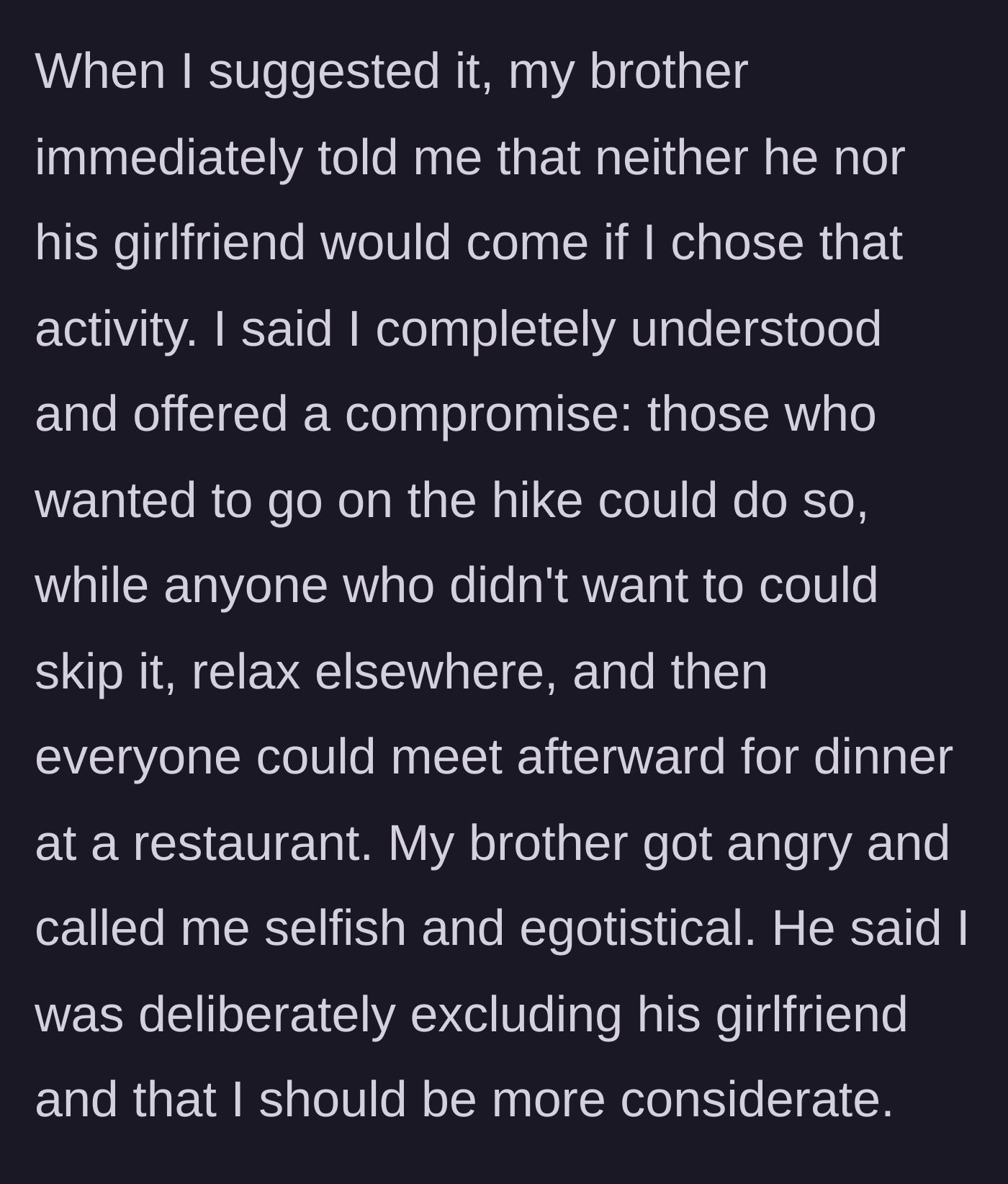 Story part 4 - An angry brother shouting on the phone while the birthday boy offers a dinner-only compromise.