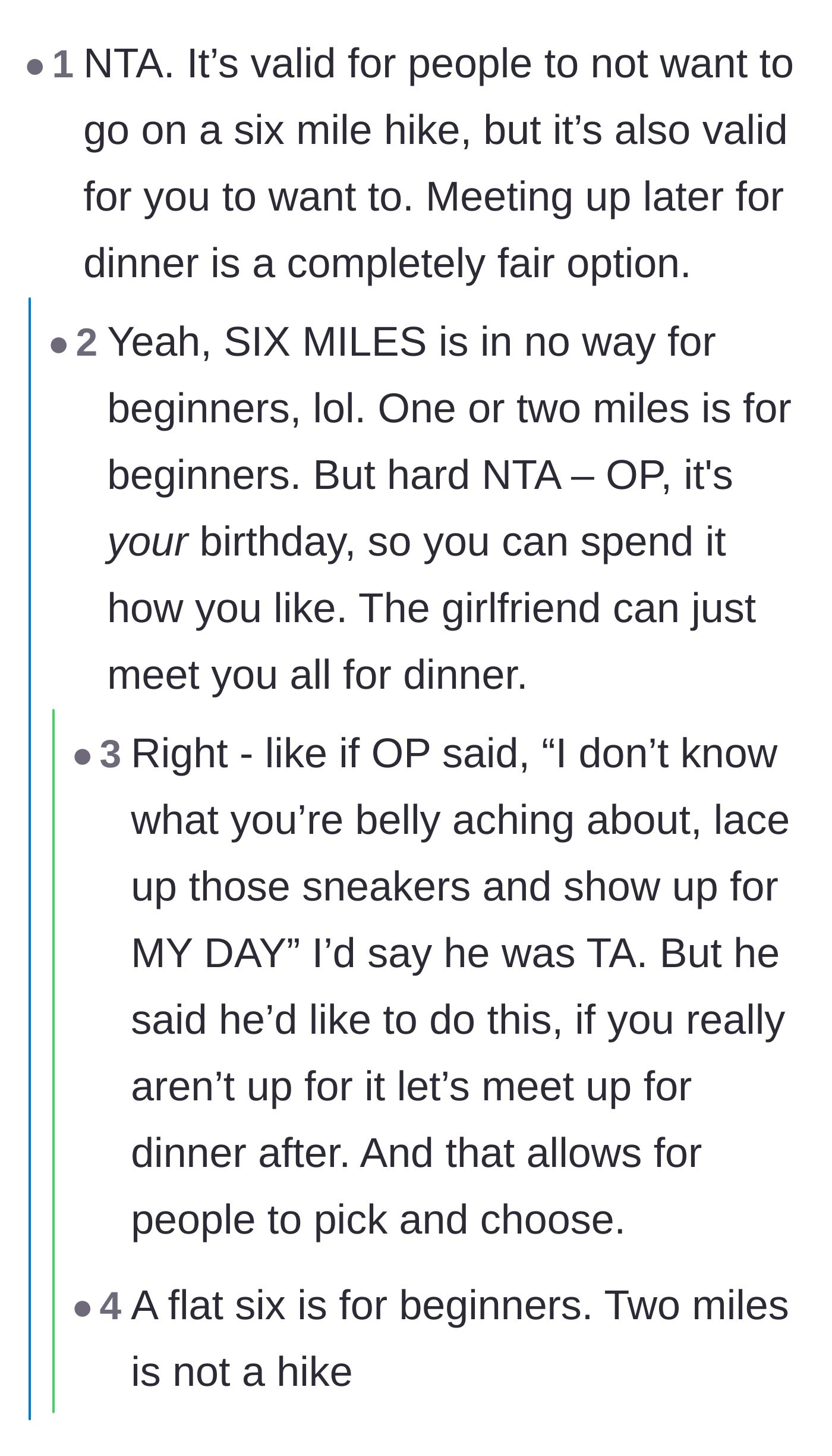 Comment thread 3 - Readers fiercely debating whether a flat six-mile walk is an easy beginner stroll or an extreme physical challenge.