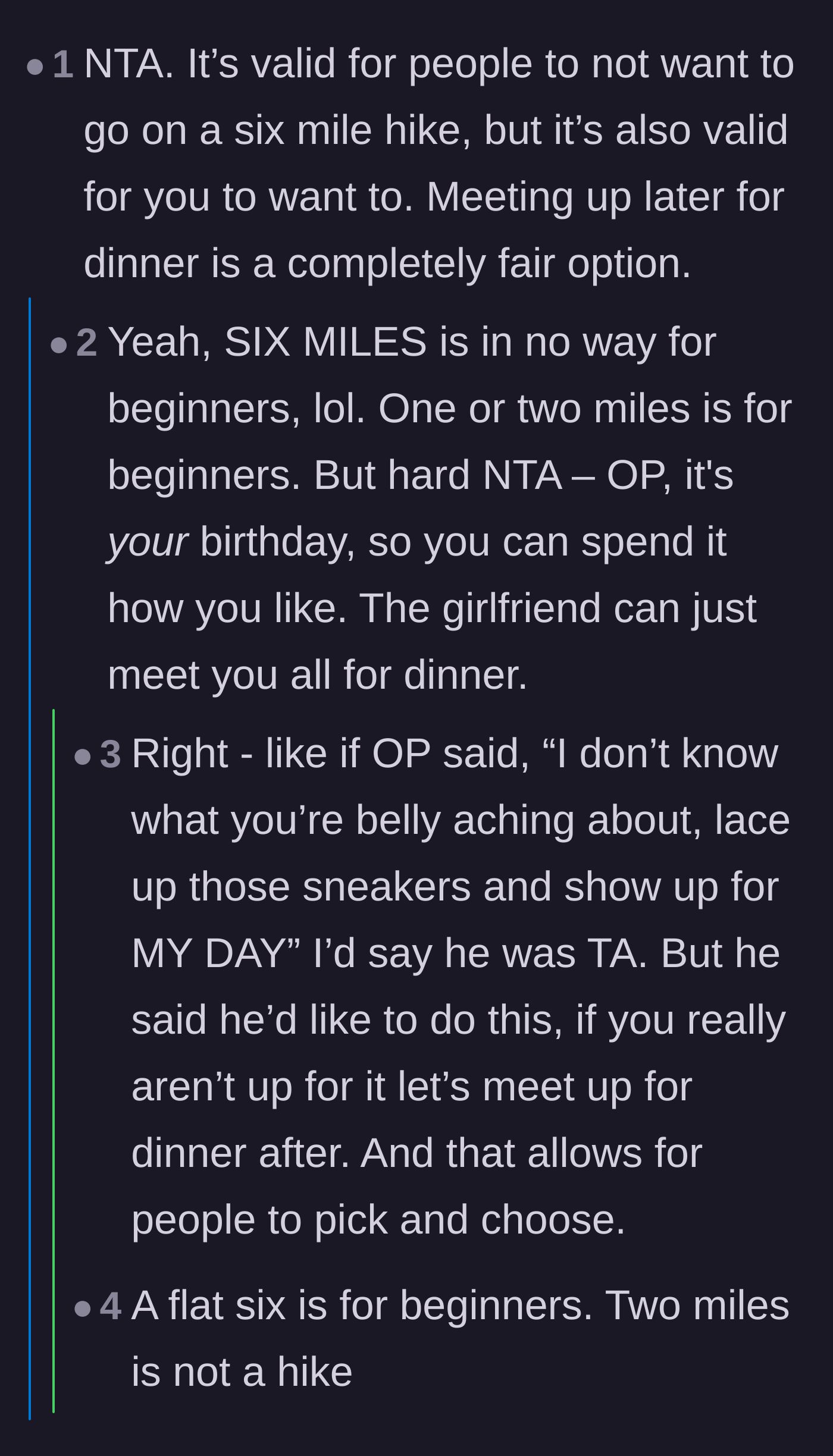 Comment thread 3 - Readers fiercely debating whether a flat six-mile walk is an easy beginner stroll or an extreme physical challenge.
