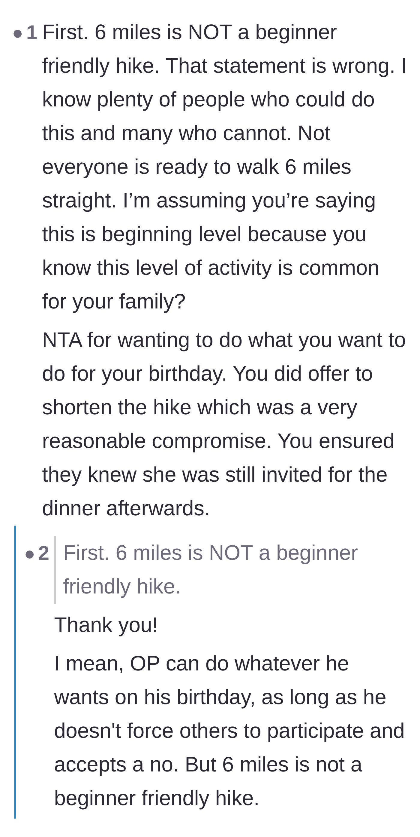 Comment thread 4 - A discussion about fitness levels, pointing out that six miles can be tough regardless of a person's weight.