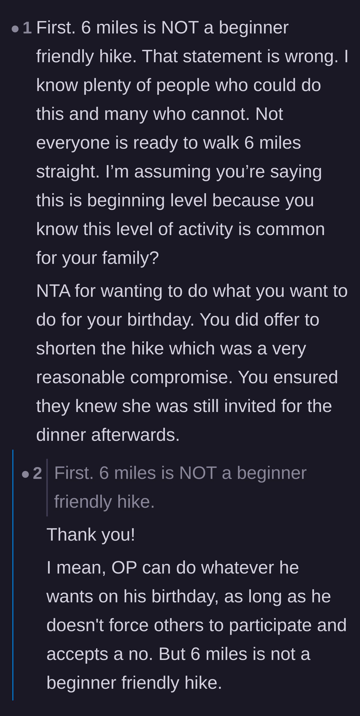 Comment thread 4 - A discussion about fitness levels, pointing out that six miles can be tough regardless of a person's weight.