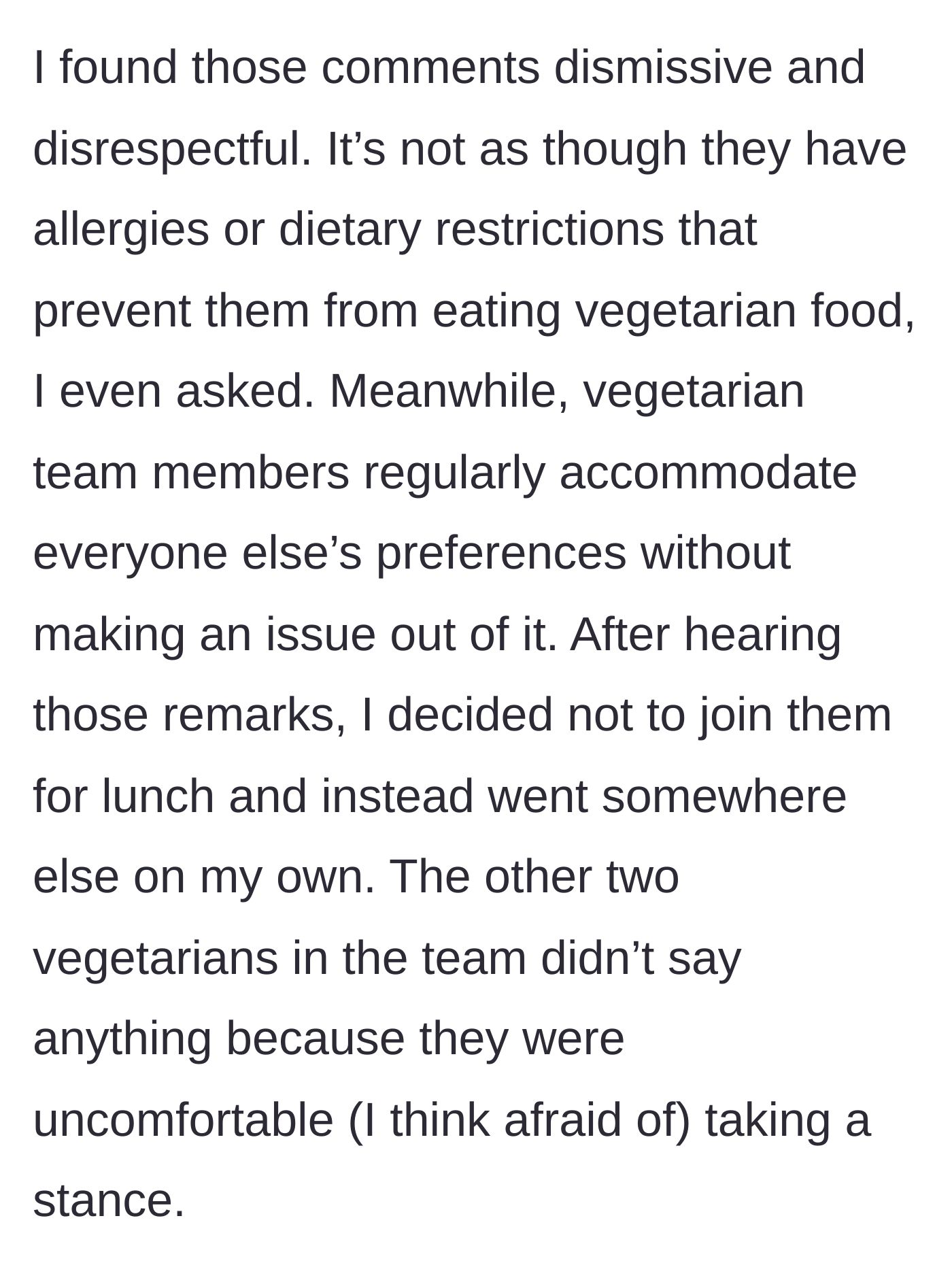 Story part 4 - The main character refuses to attend the lunch, while the other vegetarian coworkers remain silent.