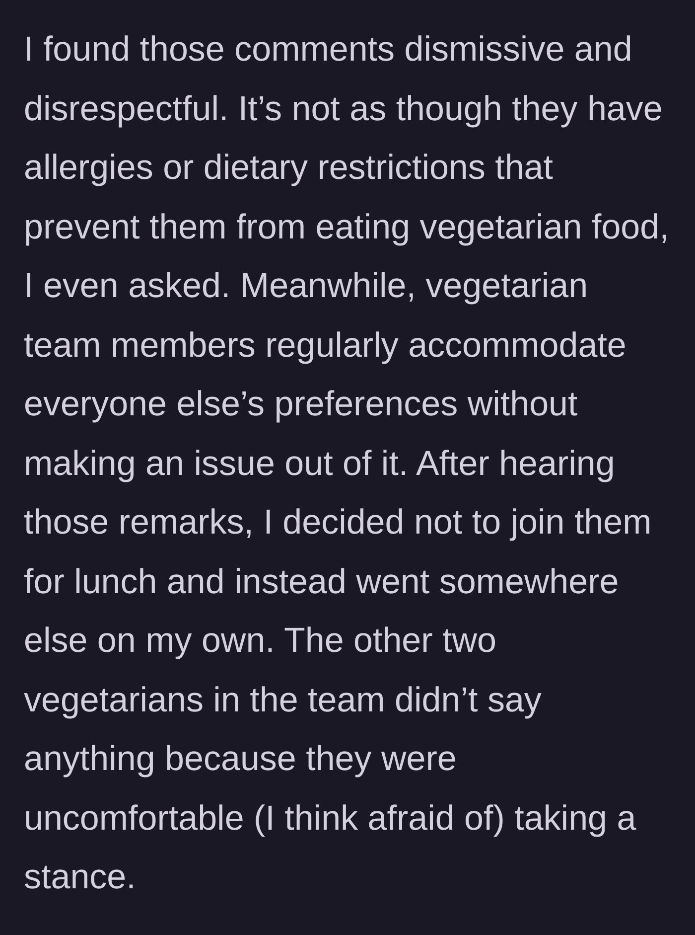 Story part 4 - The main character refuses to attend the lunch, while the other vegetarian coworkers remain silent.