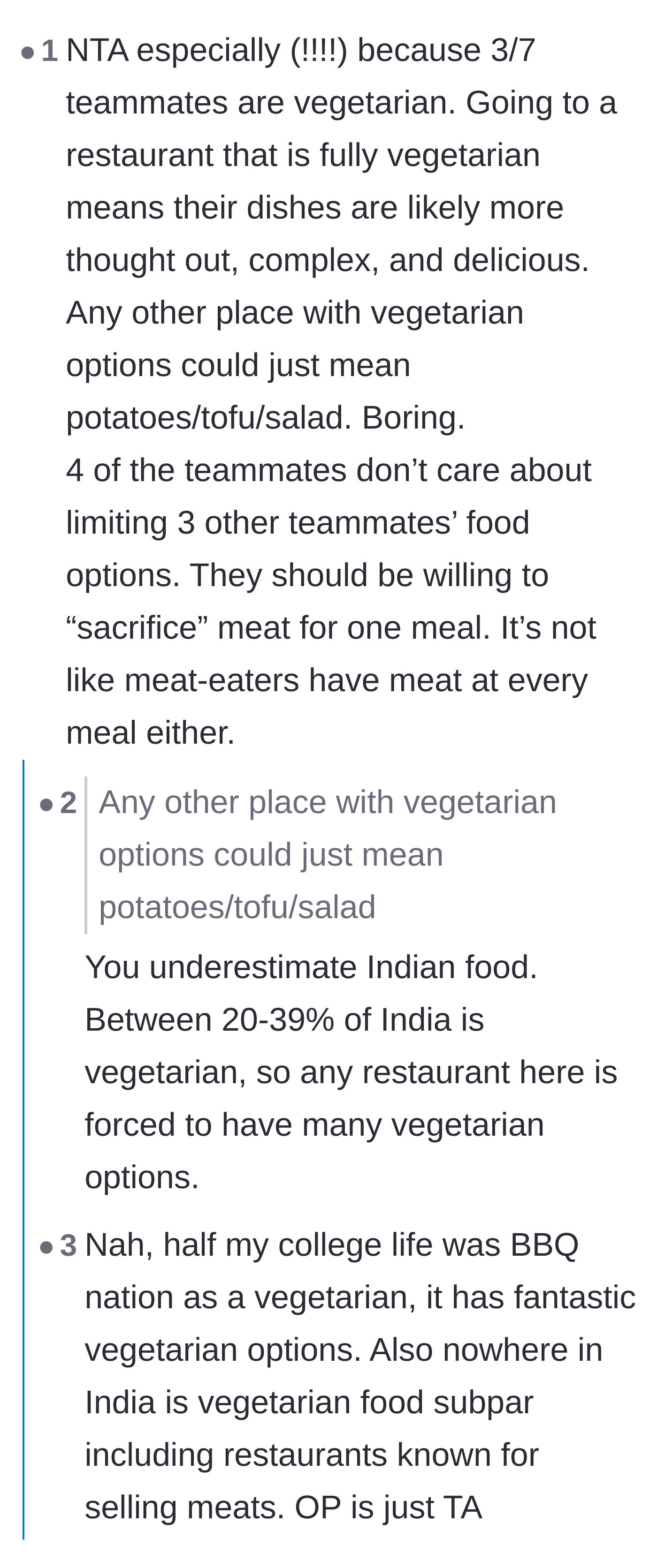 Comment thread 1 - A debate over Western assumptions about Indian vegetarian options and the menu at Barbecue Nation.