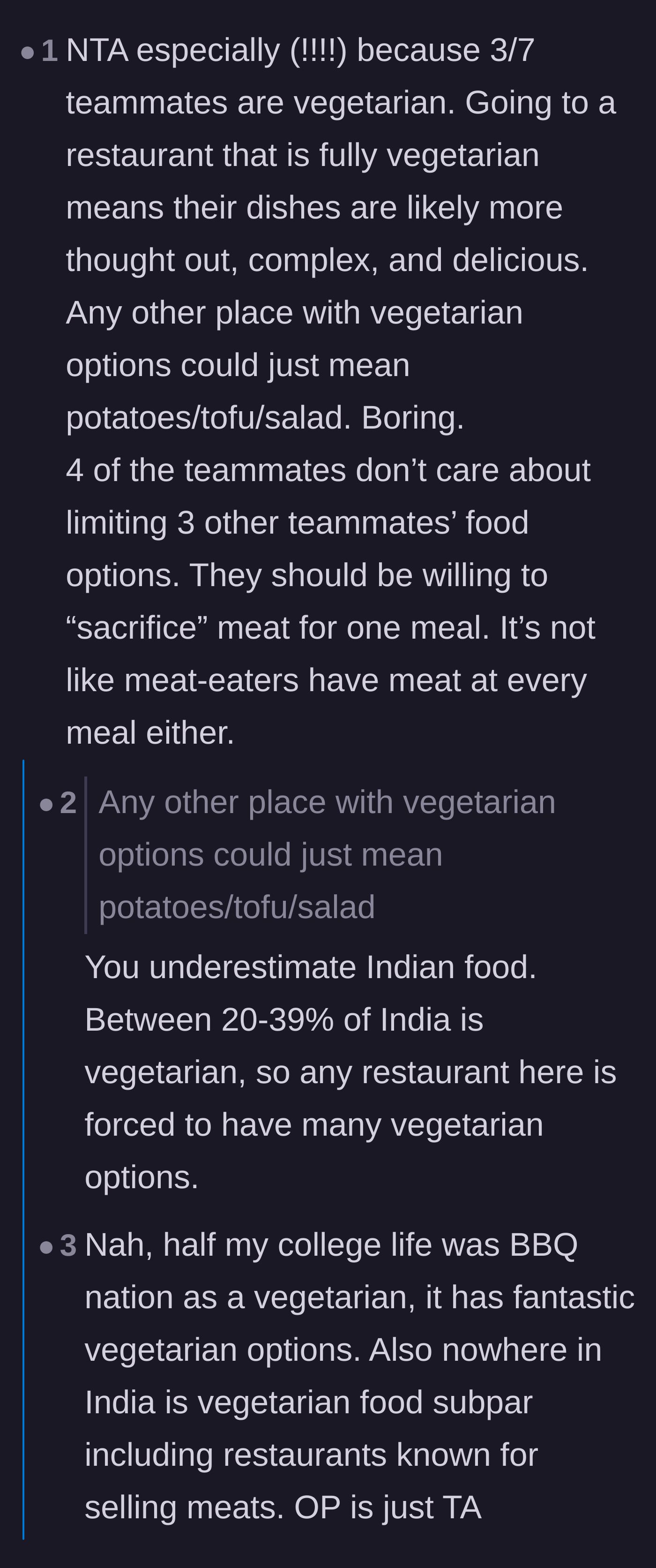 Comment thread 1 - A debate over Western assumptions about Indian vegetarian options and the menu at Barbecue Nation.